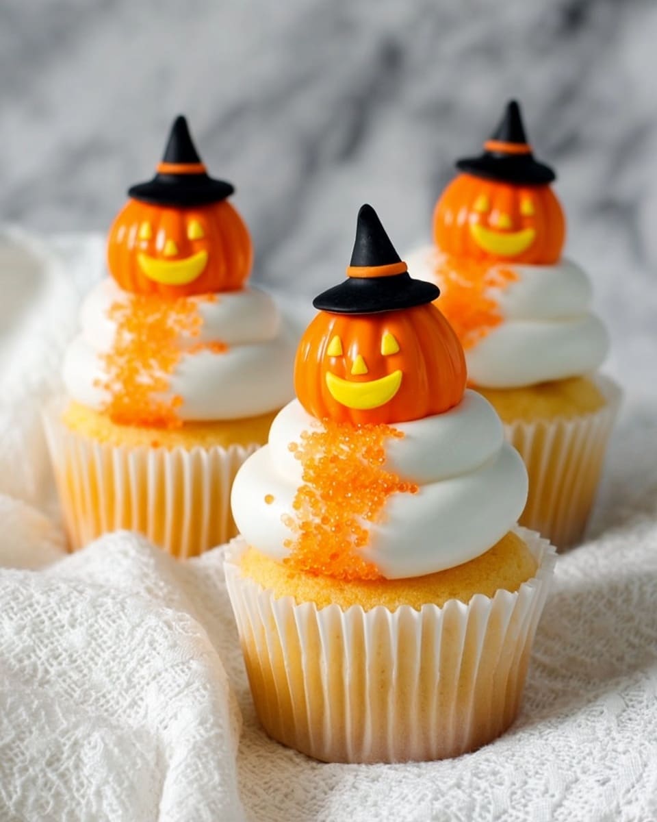 Three cupcakes are shown, each with one main layer of light orange cake at the bottom inside a white paper liner. On top of the cake is a large swirl of white frosting, smooth and creamy. One side of the frosting is covered with bright orange sugar crystals, giving a sparkly texture. Each cupcake is topped with a small orange pumpkin decoration with a carved face and a black witch hat. The cupcakes are sitting on a white marbled surface with a piece of white gauzy fabric loosely arranged around them. Photo taken with an iphone --ar 4:5 --v 7