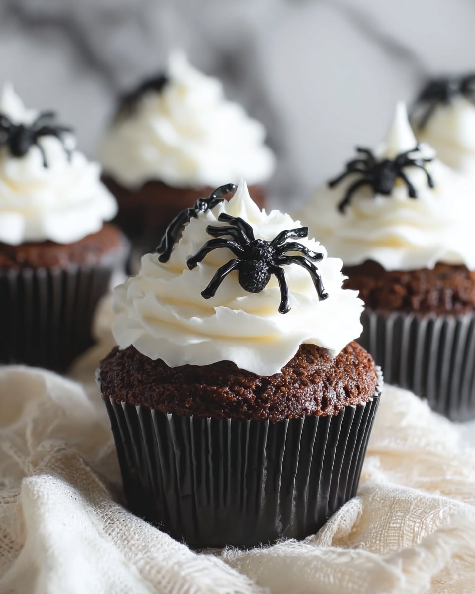 The image shows a close-up of a chocolate cupcake with one visible layer of smooth, light brown cake topped with a thick swirl of white frosting. The frosting is shaped in soft peaks with three small black plastic spider decorations placed on it, adding a spooky look. The cupcake is in a black ridged paper cup and is placed on a white marbled surface with a little beige cloth nearby. Photo taken with an iphone --ar 4:5 --v 7