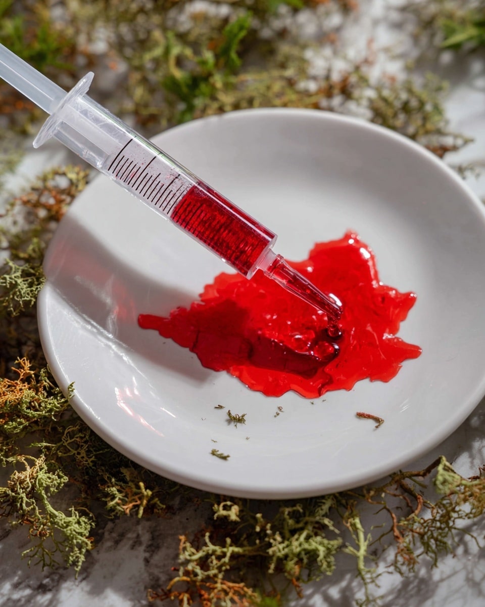 The image shows seven clear plastic syringes filled with a bright red liquid, arranged diagonally on a bed of green moss and beige dried moss. Each syringe has a white plunger at the top and a red tip at the bottom. The moss creates a natural, uneven surface beneath the syringes, while a small candle with an orange flame is visible on the right side. The background is softly blurred with green and brown tones, adding depth. photo taken with an iphone --ar 4:5 --v 7