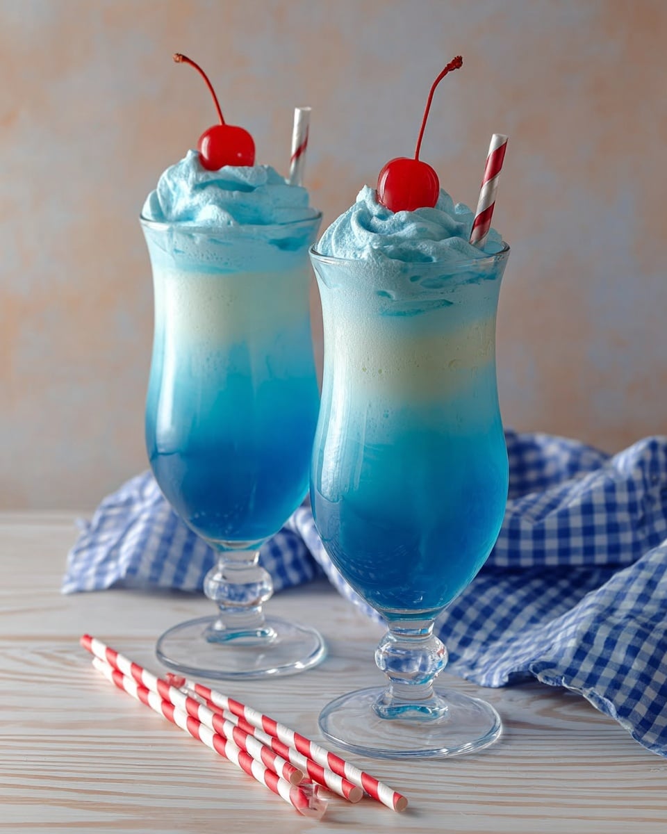 Two clear glass cups each show a layered drink. At the bottom, there is a bright blue liquid filling about half the glass. On top, there is a thick, smooth swirl of light blue whipped cream. Each glass is crowned with a shiny red cherry placed in the middle of the whipped cream. The glasses sit on a light wooden surface with a soft blue and white checkered cloth in the background. In front, two red and white striped paper straws lay diagonally. Photo taken with an iphone --ar 4:5 --v 7