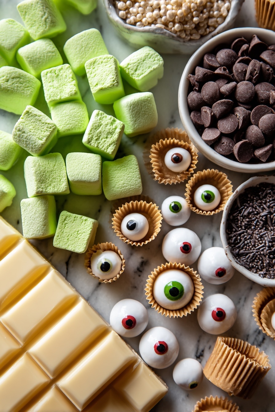 Flat lay of bright green mini marshmallows with a glossy, soft texture, glossy semi-sweet chocolate chips in rich dark brown, small round candy eyeballs with white, black, and red details, golden peanut butter mini cups with ridged edges, tiny black chocolate sprinkles scattered naturally, smooth unsalted butter in a pale creamy yellow block, all beautifully arranged in a casual yet artful cluster with colors contrasting on a white marbled surface, photo taken with an iphone --ar 2:3 --v 7 - Halloween Rice Krispies Treats, spooky Rice Krispies treats, easy Halloween snacks, kid-friendly Halloween desserts, festive Rice Krispies treats