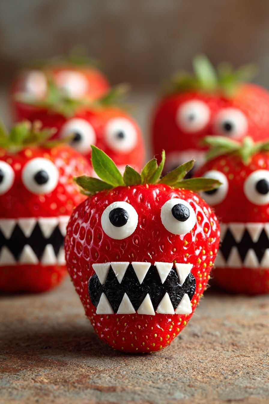 The image shows a group of red strawberries, each decorated to look like a funny monster face. Each strawberry has one large white eye with a black dot in the center near the top. Below the eye, there is a black mouth shape with white triangular teeth giving a sharp, jagged look. The strawberries are placed on a rough, brown surface, and only one strawberry is in clear focus at the front, with others blurred in the background. The texture of the strawberries is bright and shiny with visible seeds. Photo taken with an iphone --ar 2:3 --v 7 - Halloween Strawberry Monsters, spooky Halloween party treats, easy Halloween dessert ideas, fun kids Halloween snacks, creepy edible strawberries