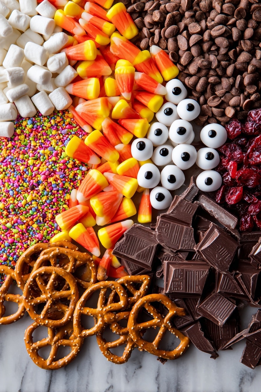 Flat lay of glossy dark chocolate chunks scattered alongside bright orange and yellow candy corn, vibrant multicolored Halloween sprinkles, creepy white candy eyeballs with black pupils, crunchy light brown pretzels, rich brown chopped peanut pieces, deep red dried cranberries, and soft white mini marshmallows, all arranged naturally with a mix of smooth, rough, and bumpy textures highlighting their colors and shapes, placed on white marbled surface, photo taken with an iphone --ar 2:3 --v 7 - Halloween Chocolate Bark, Halloween Chocolate Bark Recipe, Festive Halloween Candy, Easy Halloween Treats, Spooky Chocolate Dessert