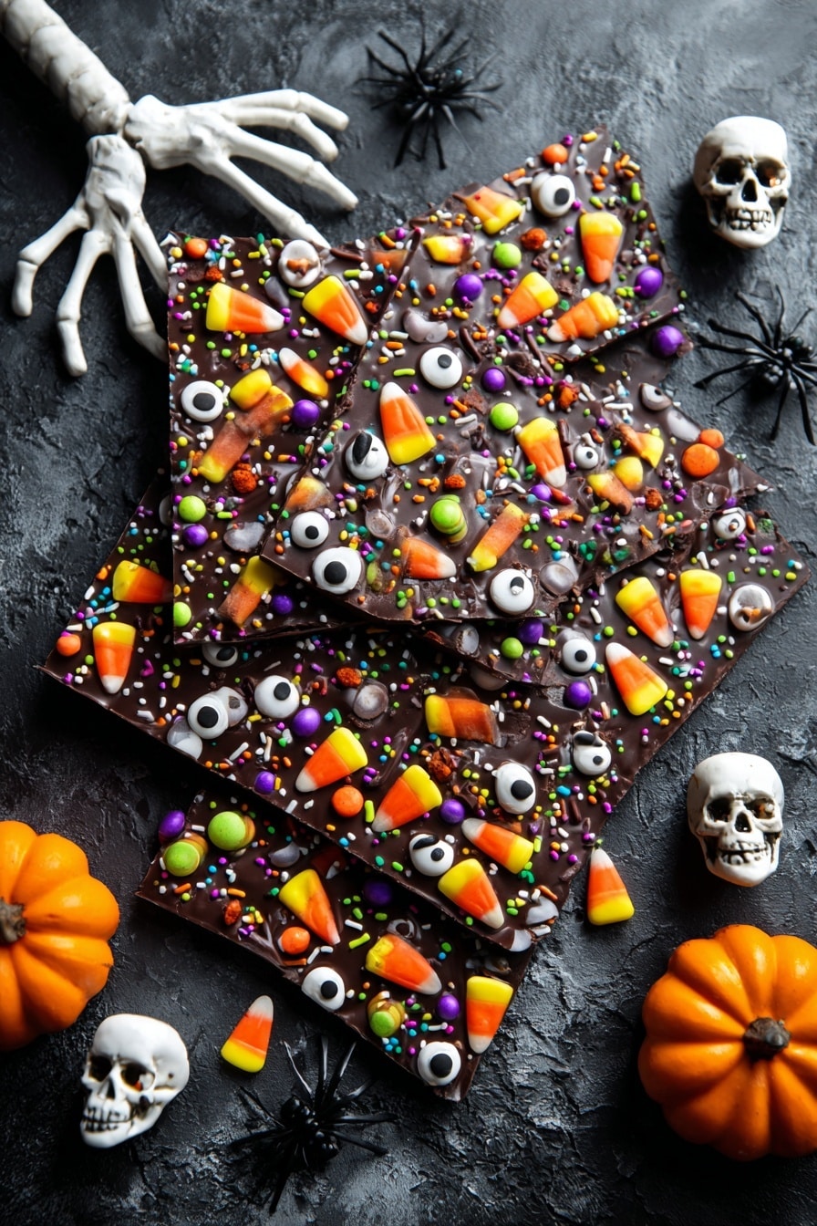 A large irregular-shaped flat chocolate bark broken into many pieces and covered with colorful Halloween-themed toppings: orange, yellow, and white candy corn pieces; many round white candy eyes with black centers in different sizes; small green, purple, and orange sprinkles; white candy bones; and small round orange, black, and green candies. The chocolate bark sits on a dark textured surface with three small white skulls at the top right, two pumpkins at the bottom corners (one white with a black plastic spider and one orange with a black plastic spider), and a white skeleton arm reaching from the top left onto the bark. photo taken with an iphone --ar 2:3 --v 7 - Halloween Chocolate Bark, Halloween Chocolate Bark Recipe, Festive Halloween Candy, Easy Halloween Treats, Spooky Chocolate Dessert