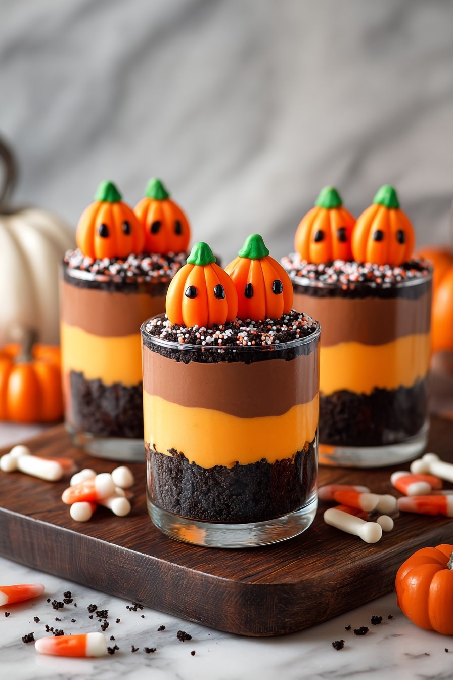The image shows three clear glass cups, each with four layers. The bottom layer is dark brown and smooth, likely chocolate pudding. Above that is a layer of crushed dark cookie crumbs. The third layer is a smooth, bright orange cream. On top is another layer of crushed dark cookie crumbs, sprinkled with small white and pink candy bones. Each cup is decorated with three small, orange pumpkin-shaped candies with green tops arranged in the center of the top layer. The cups are placed on a dark wooden board, with more pumpkin candies and candy bones scattered around it. The background shows a white marbled surface with blurred, soft Halloween-themed decorations. Photo taken with an iphone --ar 2:3 --v 7 - Halloween Dirt Cake Cups, Halloween dessert, festive Halloween treats, spooky party dessert, no-bake Halloween dessert