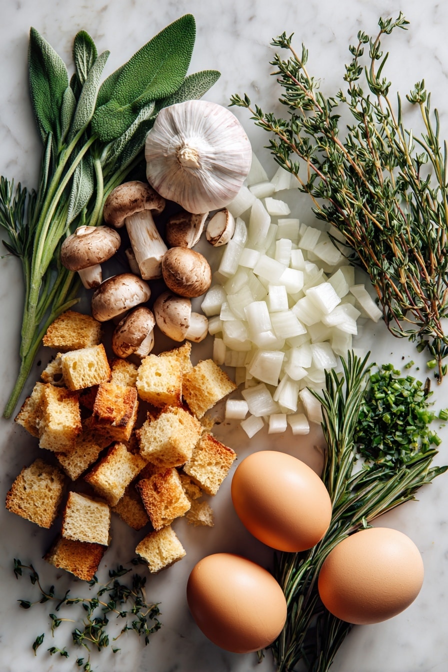 Flat lay of golden toasted bread cubes with a crisp texture, a large sweet onion diced into small white and pale purple pieces, several cloves of fresh garlic with smooth white skin, earthy brown cremini mushrooms coarsely chopped to show their rich texture, vibrant green chopped fresh sage leaves, sprigs of fresh rosemary with needle-like dark green leaves, delicate fresh thyme with tiny green leaves on slender stems, and two large light brown eggs with smooth shells, all naturally arranged with some overlapping and casting soft shadows, placed on white marbled surface, photo taken with an iphone --ar 2:3 --v 7 - Slow Cooker Mushroom and Herb Stuffing, mushroom herb stuffing, holiday stuffing recipe, easy slow cooker side dish, vegetarian stuffing ideas