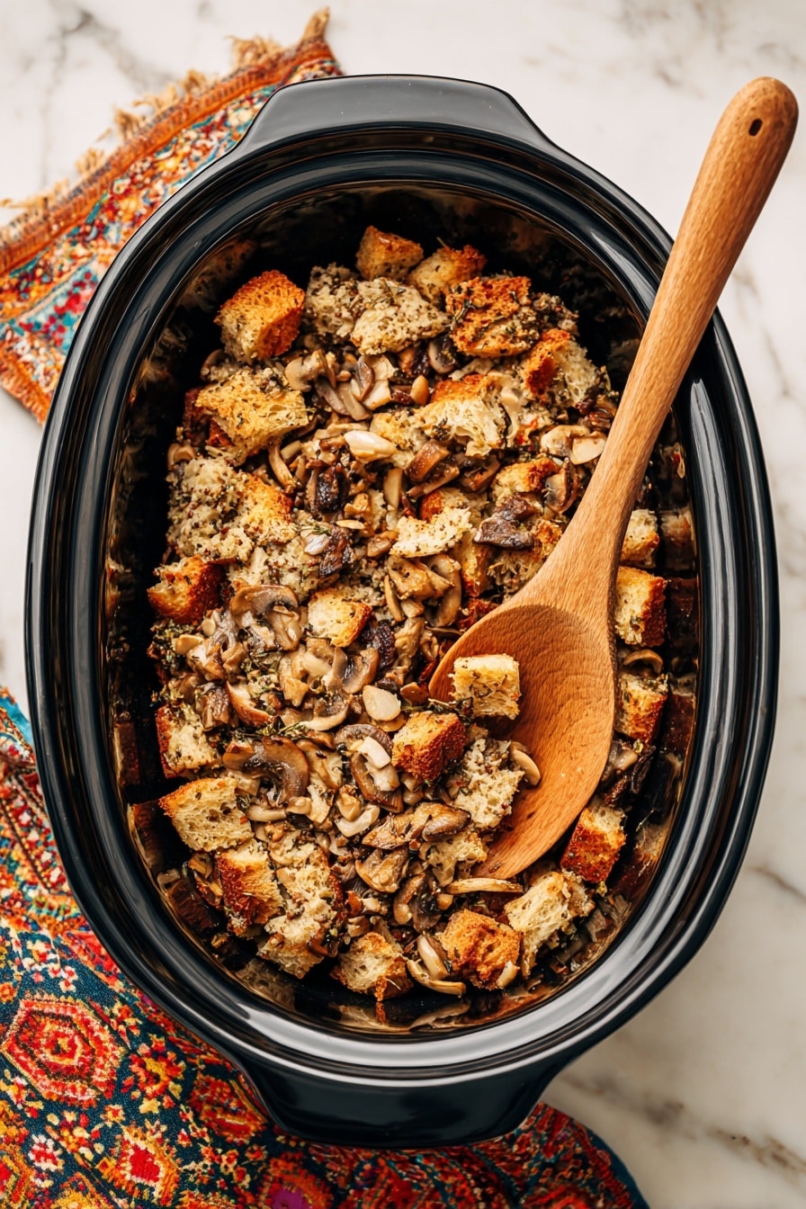 A black rectangular slow cooker is filled with a mixture of browned, small bread cubes and sliced mushrooms, creating a textured, golden and dark brown dish. A wooden spoon with a smooth, light wood grain rests diagonally inside the cooker, scooping some of the mixture. The cooker is placed on a white marbled surface, with a piece of colorful cloth showing near the bottom left corner. The overall look is warm and rustic, with the varied brown shades of the food contrasting with the black cooker and light background. photo taken with an iphone --ar 2:3 --v 7 - Slow Cooker Mushroom and Herb Stuffing, mushroom herb stuffing, holiday stuffing recipe, easy slow cooker side dish, vegetarian stuffing ideas