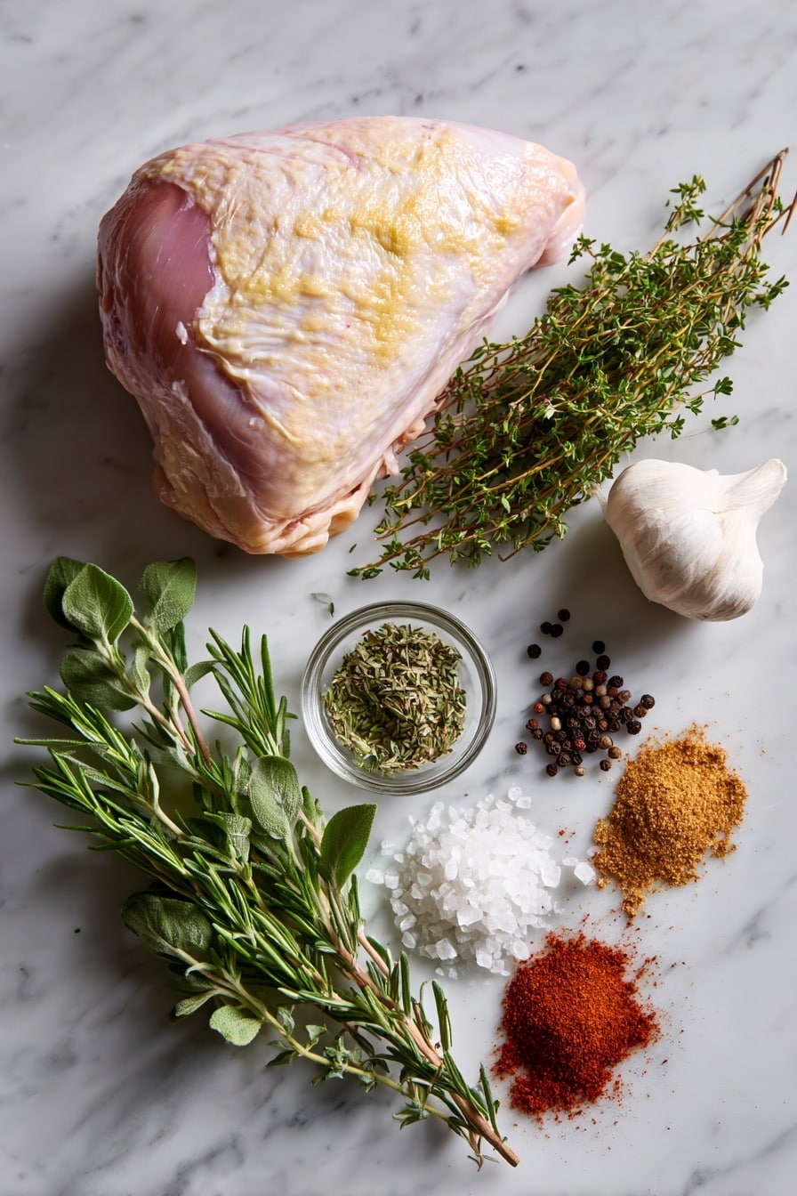 Flat lay of a plump bone-in turkey breast with pale pink and creamy skin tones, softened golden butter softened to a creamy texture, rich brown sugar crystals sparkling softly, bright green dried oregano sprigs with fine leaves, deep red smoked paprika powder with a velvety texture, two fresh garlic cloves with smooth white skin and hints of purple, freshly cracked coarse black peppercorns scattered naturally, and a small bunch of vibrant fresh herbs including rosemary and thyme with deep green hues, placed on white marbled surface, photo taken with an iphone --ar 2:3 --v 7 - Roasted Turkey Breast with Herb Butter and Homemade Gravy, turkey breast recipes, holiday turkey ideas, juicy oven-roasted turkey, flavorful turkey dinner
