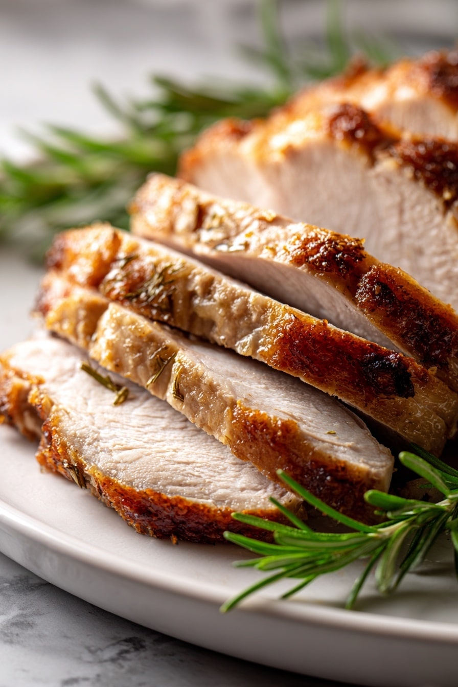 A white plate holds a well-arranged meal with several layers: at the back left, thin slices of light brown roasted turkey; in the center, a mound of light yellow mashed potatoes with a circular well filled with brown gravy; next to it on the right, bright orange roasted carrot sticks topped with white crumbled cheese and scattered nuts; in front of the turkey, golden brown bread stuffing mixed with green herbs; below the stuffing, a serving of green shredded Brussels sprouts mixed with small bits of white onion and dried cranberries; between the carrots and mashed potatoes, a dollop of deep red cranberry sauce; and on the far right edge of the plate, a light golden biscuit with a crumbly texture. The plate is set on a white marbled surface, with other dishes and herbs blurred in the background. photo taken with an iphone --ar 2:3 --v 7 - Roasted Turkey Breast with Herb Butter and Homemade Gravy, turkey breast recipes, holiday turkey ideas, juicy oven-roasted turkey, flavorful turkey dinner