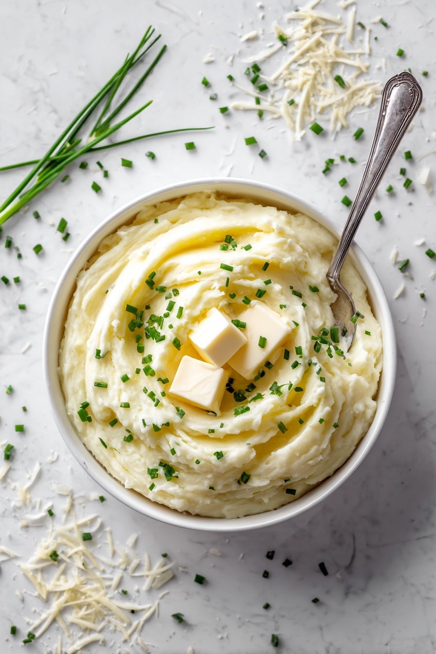 A white bowl filled with smooth, creamy mashed potatoes swirled in soft peaks. Three small squares of butter sit gently melted on the top layer, surrounded by a scattering of finely chopped green chives. A silver spoon is placed inside the bowl, ready to serve. The bowl rests on a white marbled surface with small green chives and some shredded white cheese scattered nearby. Photo taken with an iphone --ar 2:3 --v 7 - Manchego Whipped Potatoes, creamy mashed potatoes with Manchego cheese, elegant potato side dish, nutty cheese mashed potatoes, gourmet mashed potato recipe