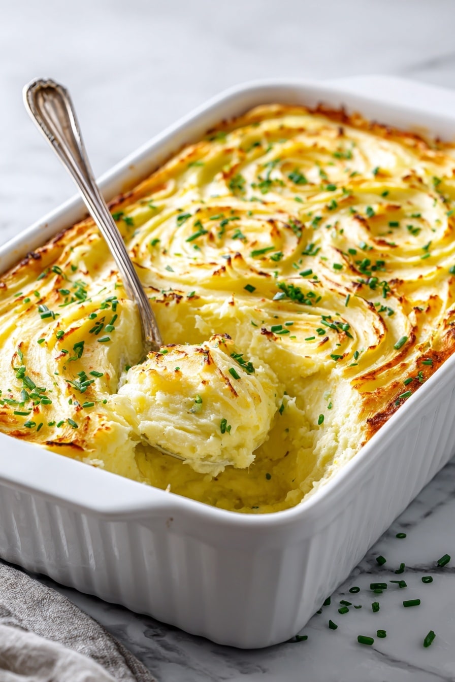 A white rectangular casserole dish filled with a creamy, golden-yellow mashed potato casserole that has a smooth, slightly browned top with visible swirls and melted butter glistening on the surface. The top layer shows some brown spots from baking and is sprinkled with chopped green chives, adding a fresh contrast. Part of the casserole is scooped out with a silver spoon, revealing a soft, fluffy inside with a creamy texture. The dish is placed on a white marbled surface. photo taken with an iphone --ar 2:3 --v 7 - Brown Butter and Herb Mashed Potato Bake, mashed potato side dish, creamy baked potatoes with herbs, golden mashed potato casserole, flavorful mashed potato recipe