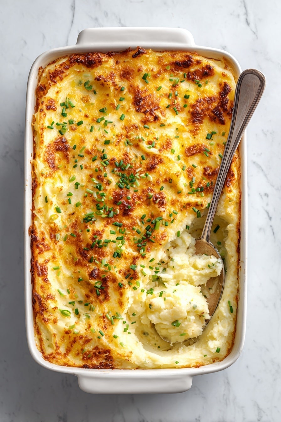 The image shows a white rectangular baking dish filled with a creamy, golden mashed potato casserole topped with melted, browned cheese and sprinkled with small green chive pieces. The surface is slightly uneven with some crispy, browned spots, giving a textured look. A silver spoon is scooping out a fluffy, light yellow portion of the casserole from one corner, revealing a soft and creamy inside with some chives mixed in. The dish sits on a white marbled surface. photo taken with an iphone --ar 2:3 --v 7 - Brown Butter and Herb Mashed Potato Bake, mashed potato side dish, creamy baked potatoes with herbs, golden mashed potato casserole, flavorful mashed potato recipe