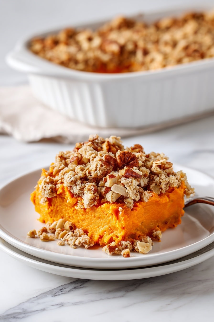 The image shows a white plate with a serving of baked sweet potato casserole. The dish has two main layers: the bottom layer is mashed orange sweet potatoes with a smooth texture, topped with a crunchy golden-brown oat and nut crumble. On one side, there is a dollop of white cream or yogurt partially melting into the sweet potatoes. Next to the plate is a white rectangular baking dish with more of the casserole inside, swirled with white cream. The background is a dark woven fabric texture, and to the right of the plate, there is a silver fork and spoon placed side by side. Photo taken with an iphone --ar 2:3 --v 7 - Lightened-Up Sweet Potato Casserole with Oatmeal Coconut Pecan Crumble, healthy sweet potato casserole, festive sweet potato dish, easy holiday casserole, nutritious sweet potato dessert