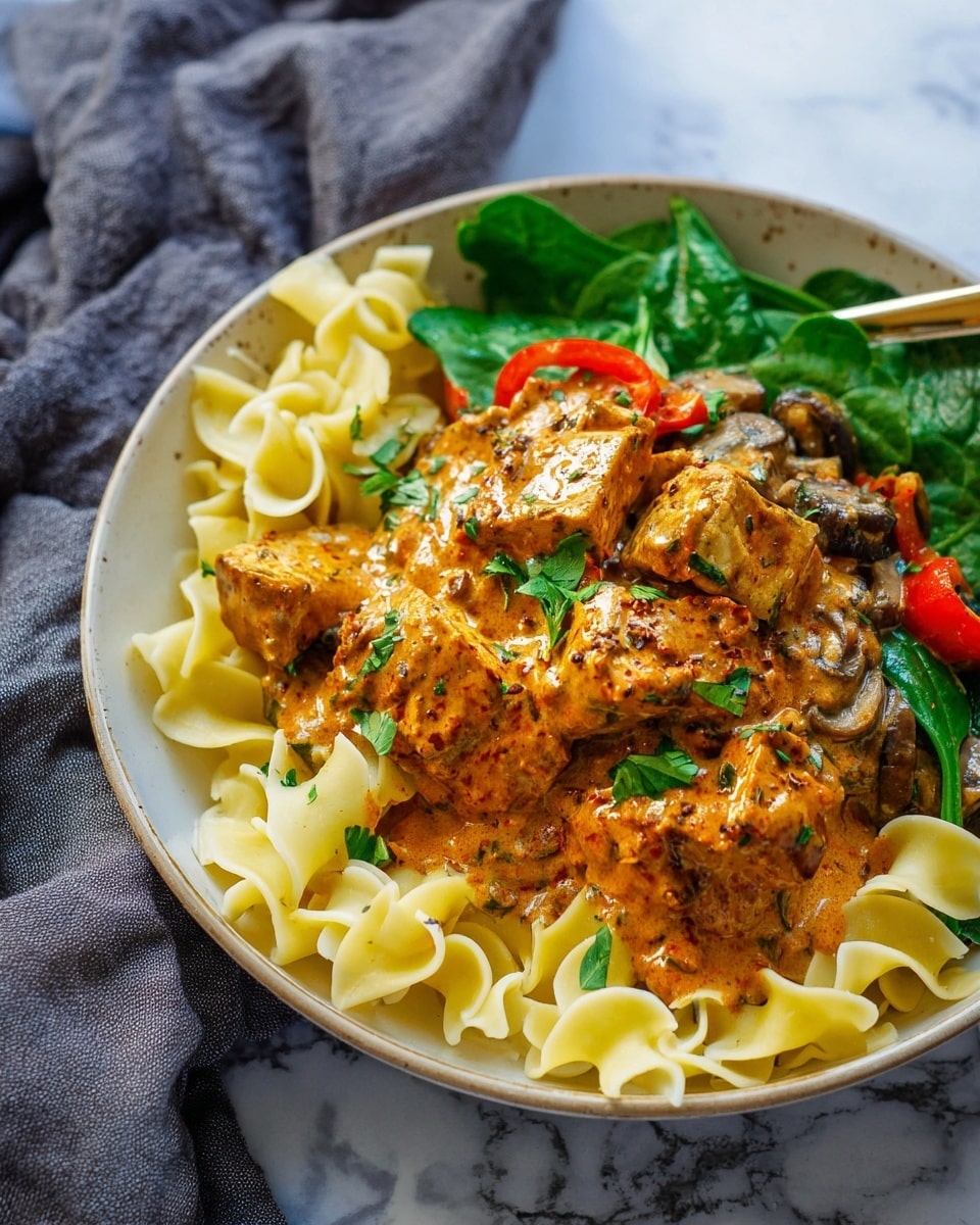 A white bowl filled with three layers: the bottom layer is pale yellow pasta with a curly edge and smooth texture, spread evenly across the bowl. The middle layer is bright green leafy spinach scattered over the pasta. The top layer shows several pieces of light brown tofu coated in a creamy, rich orange sauce with visible specks of herbs and spices, mixed with slices of red bell pepper and small bits of cooked mushrooms. A silver fork rests inside the bowl, partly inserted into the tofu and pasta. The bowl sits on a white marbled surface with a grey linen cloth partly visible on the left side. photo taken with an iphone --ar 4:5 --v 7
