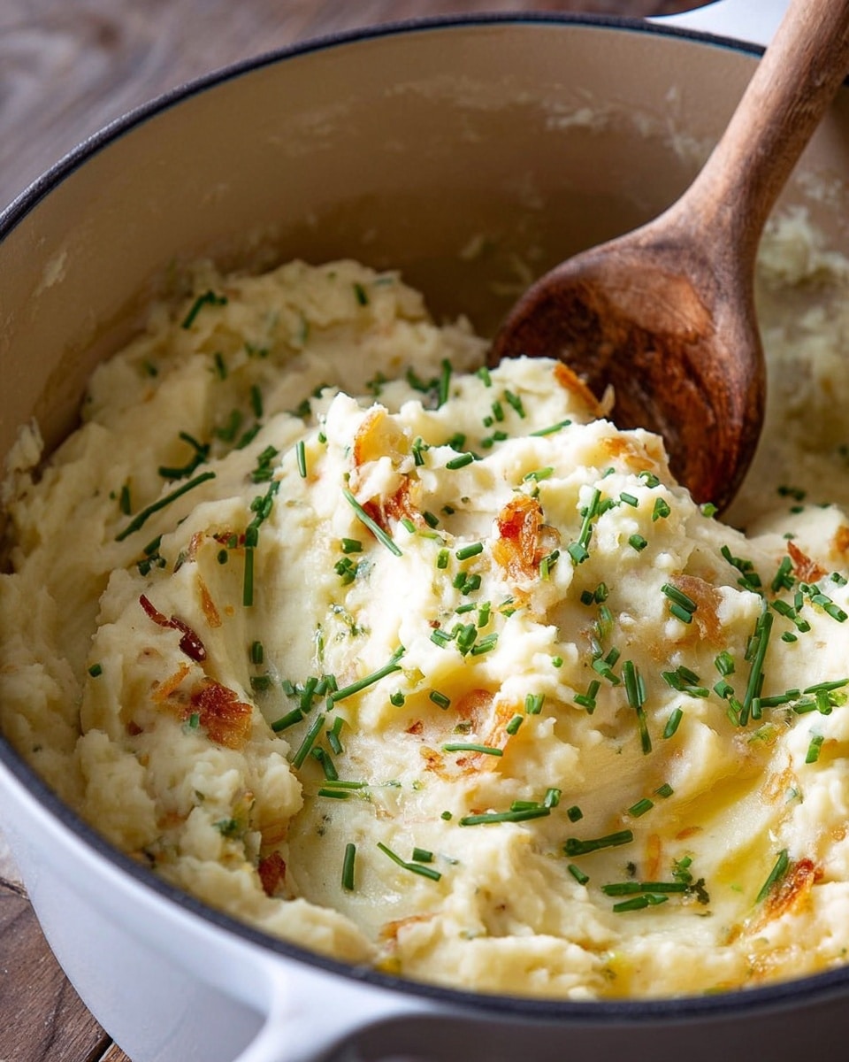 A close-up of a white pot filled with creamy mashed potatoes showing a smooth, fluffy texture with some brown skin bits visible. The top layer has roasted garlic cloves scattered around, adding small golden-brown rustic details. Fresh green chives are sprinkled lightly on the mashed potatoes, offering bright color contrast. A wooden spoon with a long handle is scooping a portion of mashed potatoes from the center, revealing the soft inside. The pot is placed on a dark wooden surface with a white cloth nearby holding extra chopped chives in a white bowl. Photo taken with an iphone --ar 4:5 --v 7