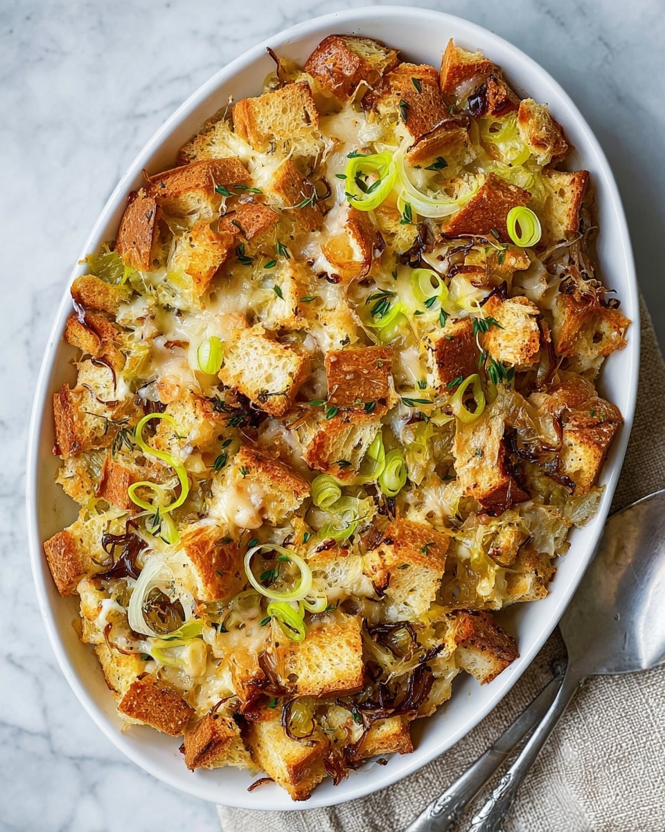 A close-up view of a white bowl filled with a baked dish made of several layers of golden-brown toasted bread cubes, some with darker browned edges. Interspersed within the bread are small pieces of light green vegetables and thin strands of melted cheese that create a crispy texture on top. The surface is uneven with some toasted, crunchy bread pieces standing taller, and garnished with thin green herbs. The bowl sits on a white marbled surface with a soft, neutral background that contrasts with the warm colors of the dish. photo taken with an iphone --ar 4:5 --v 7