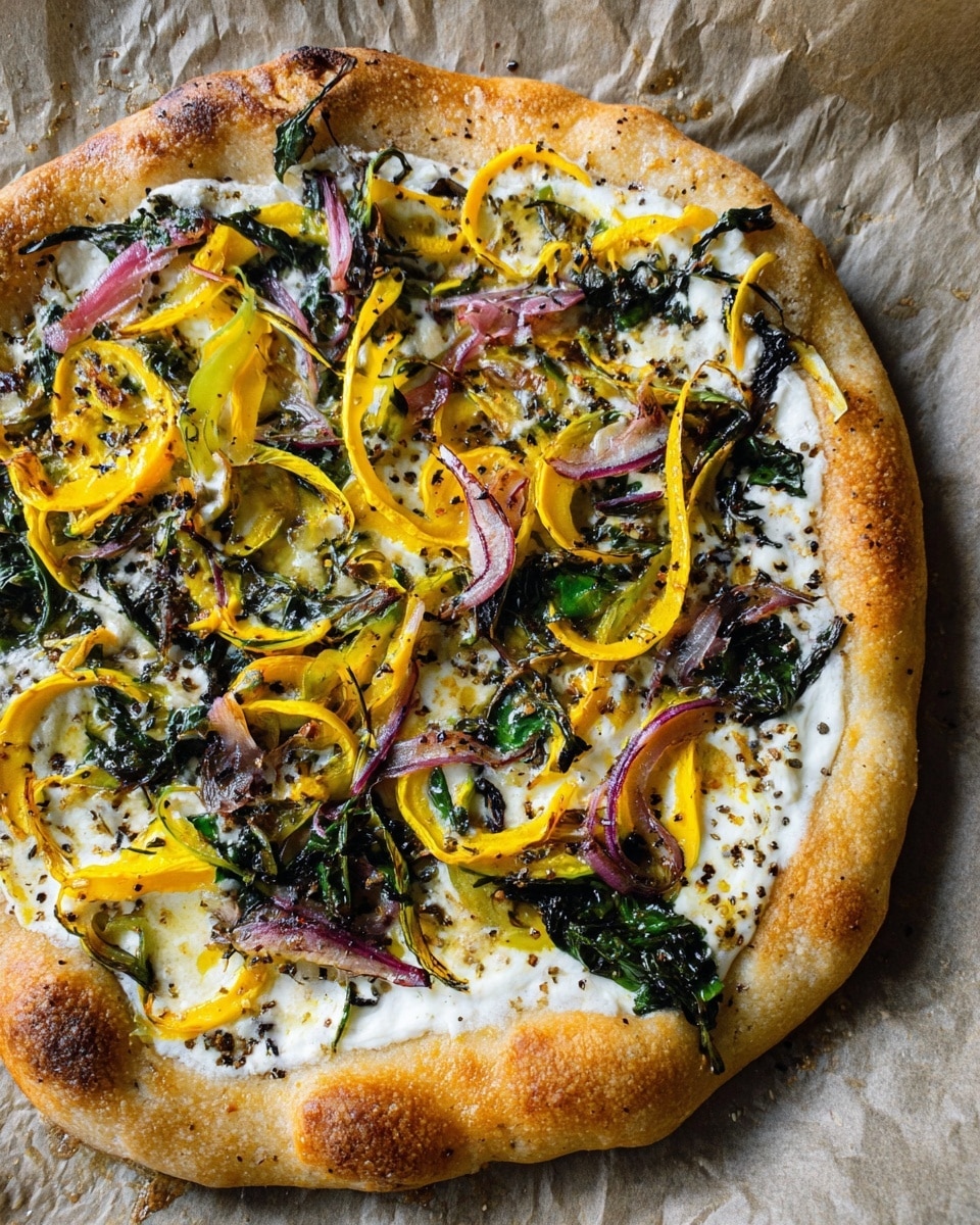 A close-up view of a slice of pizza on a dark wooden surface with a white marbled texture in the background. The pizza has a golden-brown crust that is thick and slightly crispy. On top of the crust, there is a layer of melted white cheese with herbs mixed in, followed by thin strips of pinkish-red onion and wilted green leafy vegetables. On top of these, there are wide, bright yellow ribbons of roasted squash, slightly curled, along with some whole fried sage leaves. The overall look is colorful and fresh with a mix of soft and slightly crispy textures. photo taken with an iphone --ar 4:5 --v 7