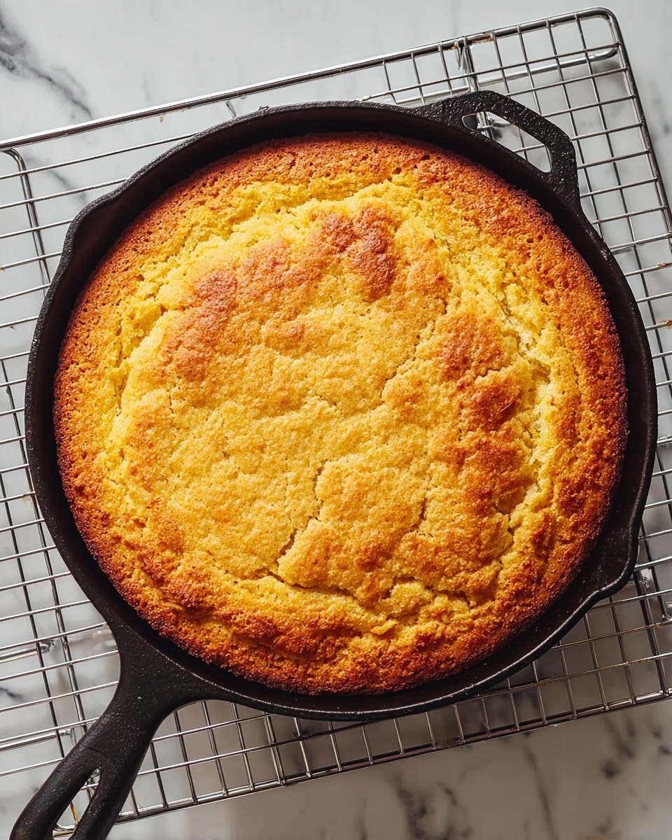 A round cast iron skillet holds a baked dish with a golden brown top layer that is slightly cracked and textured, showing a crispy edge where the filling peeks out beneath the crust. The crust is thick and uneven, with a warm yellow to light brown color. The skillet rests on a metal cooling rack, all placed on a white marbled surface. Photo taken with an iphone --ar 4:5 --v 7