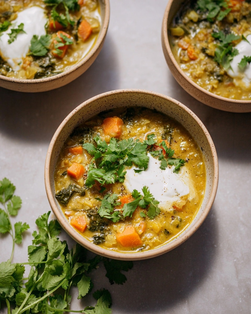 Two white bowls filled with a thick yellowish stew that has orange carrot slices and green leafy vegetables mixed in. On top of the stew, there are white creamy dollops, some white rice grains, and fresh green herb leaves scattered. The bowls sit on a white marbled surface with sprigs of green herbs beside them. Two black spoons are placed near the bowls. Photo taken with an iphone --ar 4:5 --v 7