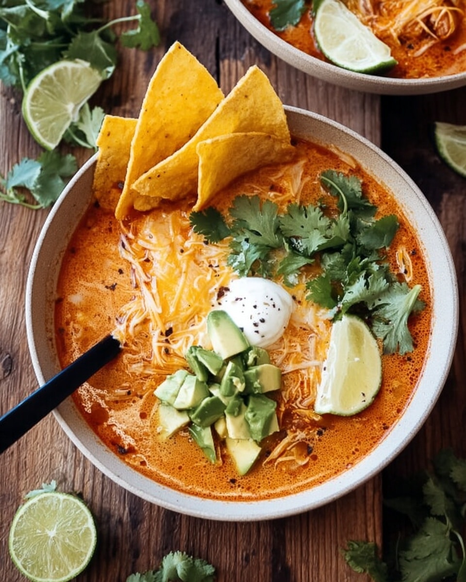 The dish is a white bowl filled with a thick orange soup with melted shredded cheese on top. The soup is garnished with bright green avocado chunks on the right side, a small dollop of white sour cream near the center, and fresh cilantro sprigs on the far right. Two large yellow tortilla chips stand upright on the left edge of the bowl. Two lime wedges with light green skin and pale green inside rest next to the chips, slightly inside the soup. A black spoon is placed inside the bowl on the left side. The bowl sits on a wooden surface with scattered cilantro leaves and lime wedges around it. Photo taken with an iphone --ar 4:5 --v 7