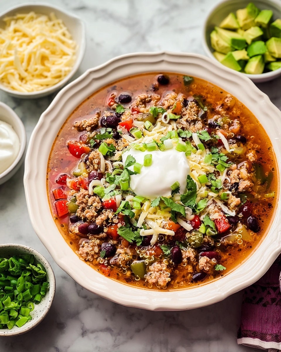A white bowl filled with a colorful soup showing many layers: a light brown broth base with black beans, red and green bell pepper pieces, ground meat, quinoa grains, and small bits of onion. On top of the soup, there is a dollop of white sour cream in the center, surrounded by shredded white cheese, small green avocado cubes, chopped fresh herbs, and a few sliced green onions. A spoon with a white handle rests inside the bowl on the right side. The bowl is placed on a white marbled surface. photo taken with an iphone --ar 4:5 --v 7