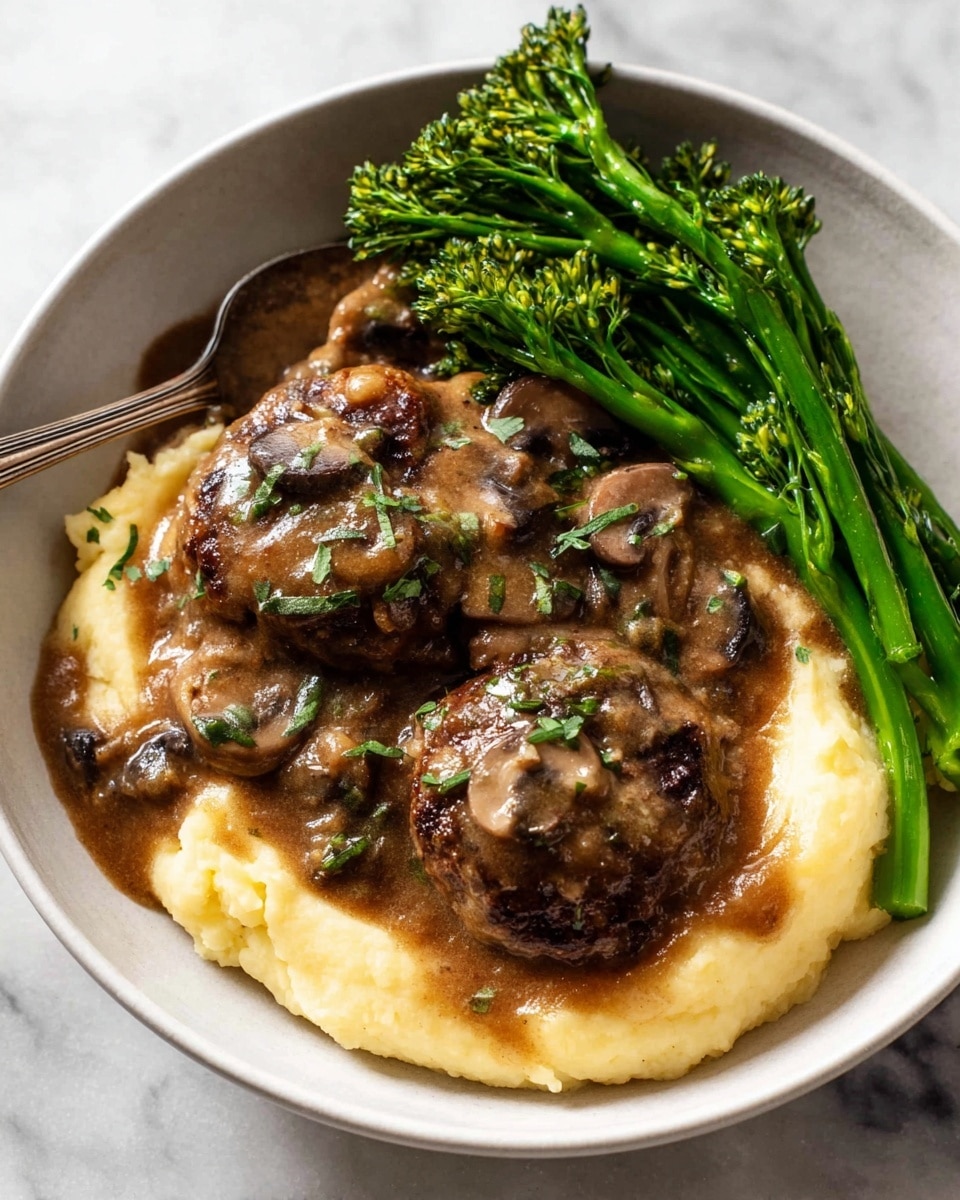 The image shows several browned meat patties covered in a thick light brown sauce with visible sliced mushrooms mixed in and on top of the patties. Small bits of green herbs are sprinkled over the dish, adding contrast to the rich sauce and dark patties. The texture of the patties looks juicy and slightly crispy on the outside, while the sauce is smooth with slight glossiness. The background is a white marbled texture. photo taken with an iphone --ar 4:5 --v 7