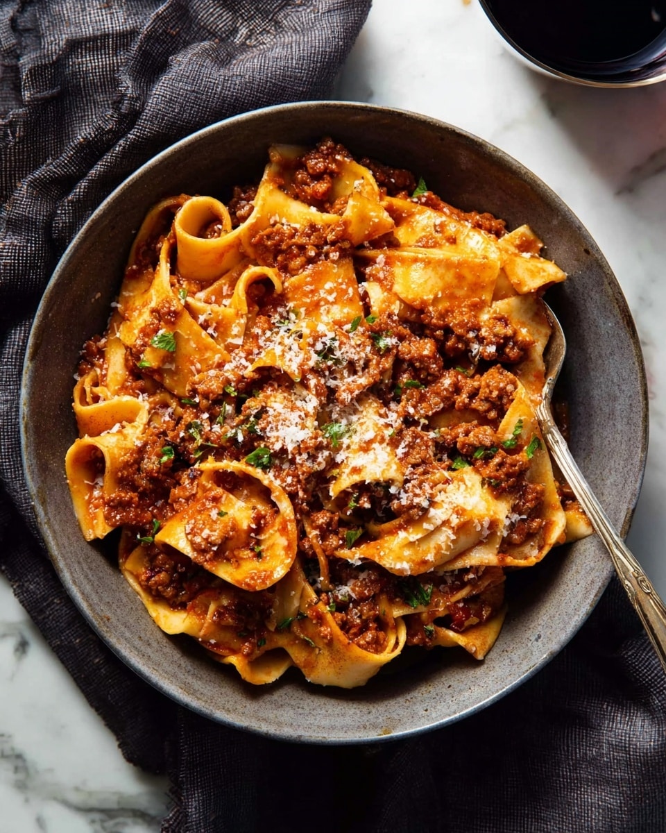 A round bowl filled with wide, flat pasta ribbons mixed with a chunky, reddish-brown meat sauce. The pasta is coated in the sauce, giving it a shiny, rich look, and there are small bits of meat spread evenly on top. The dish is sprinkled lightly with grated white cheese and tiny green herb pieces, adding color and texture to the surface. A silver fork rests inside the bowl, partly covered by the pasta. The bowl sits on a soft dark grey cloth over a white marbled texture. Photo taken with an iphone --ar 4:5 --v 7