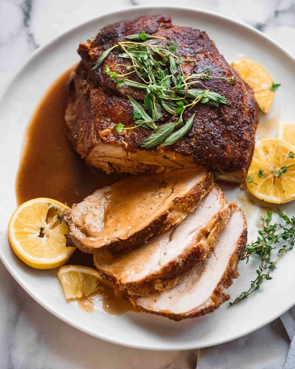 A white plate on a white marbled surface holds a large cooked piece of meat with a dark, crispy brown outer layer and fresh green herb sprigs on top. Next to the meat, there are several thick slices showing a light beige interior topped with glossy brown gravy. Two lemon wedges and two lemon slices are placed on the plate around the meat. Photo taken with an iphone --ar 4:5 --v 7