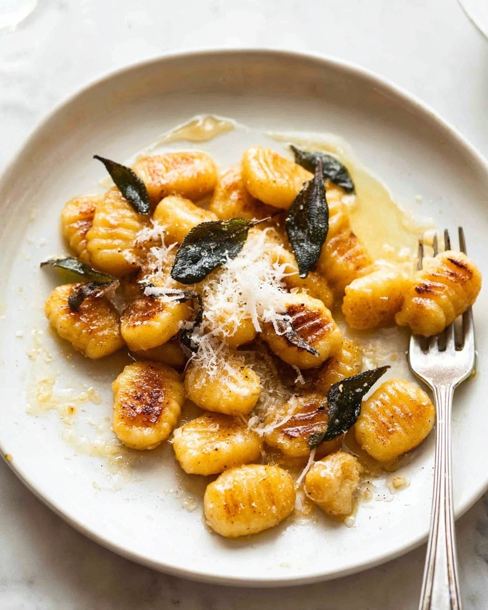 The image shows a close-up of small, golden brown gnocchi pieces frying in a light layer of bubbling butter in a metal pan. The gnocchi have a slightly crispy texture on the outside with a soft yellow color inside. Scattered among the gnocchi are fresh sage leaves, dark green and slightly wrinkled, adding contrast. The butter bubbles are white and frothy, surrounding the gnocchi gently. The pan has a slightly rough, matte texture giving a rustic feel. The scene is bright with warm tones focusing on the cooked gnocchi and the sizzling details. Photo taken with an iphone --ar 4:5 --v 7