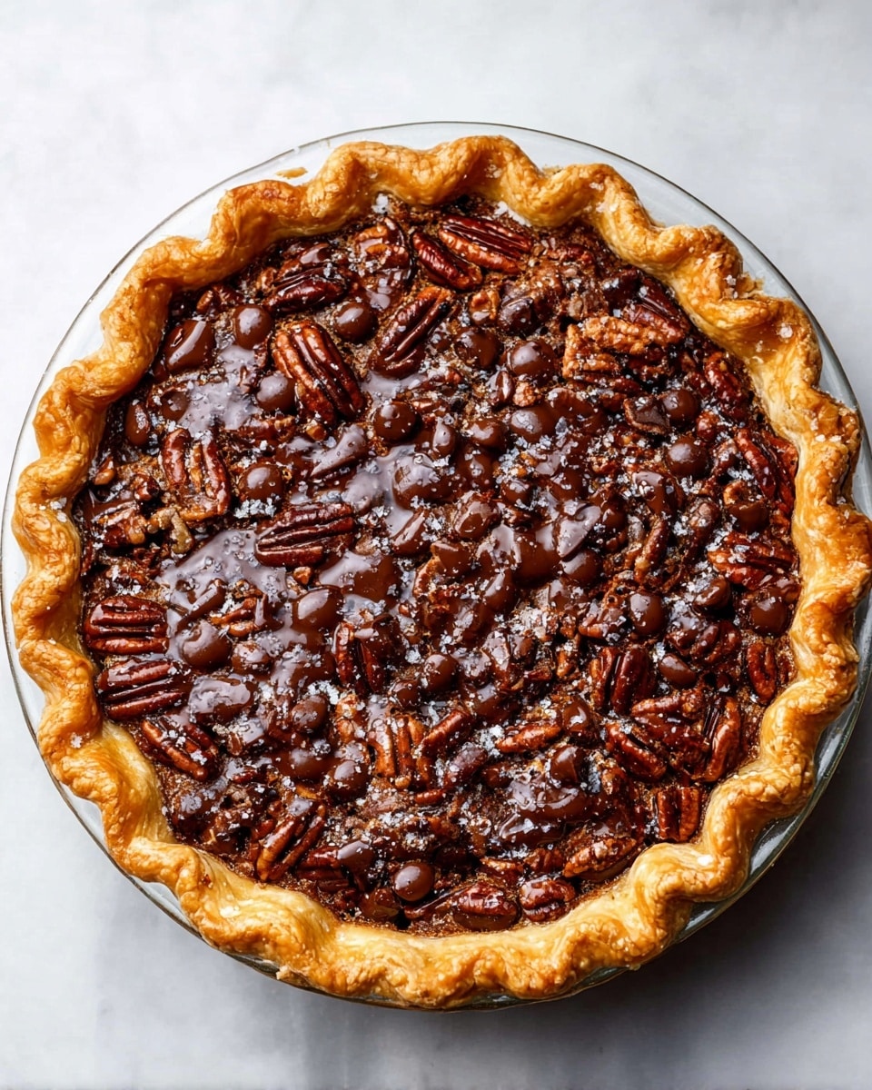 A round pie with a golden-brown, thick, and fluted crust holds a rich, dark filling topped with glossy melted chocolate chips and whole pecan nuts arranged close together in layers, sprinkled lightly with coarse salt crystals. The pie sits in a clear glass dish on a white marbled surface. The top texture looks slightly crunchy with a shiny, almost melted chocolate spread over the nuts and filling, creating a mix of dark browns and lighter golden shades on the crust edges. photo taken with an iphone --ar 4:5 --v 7