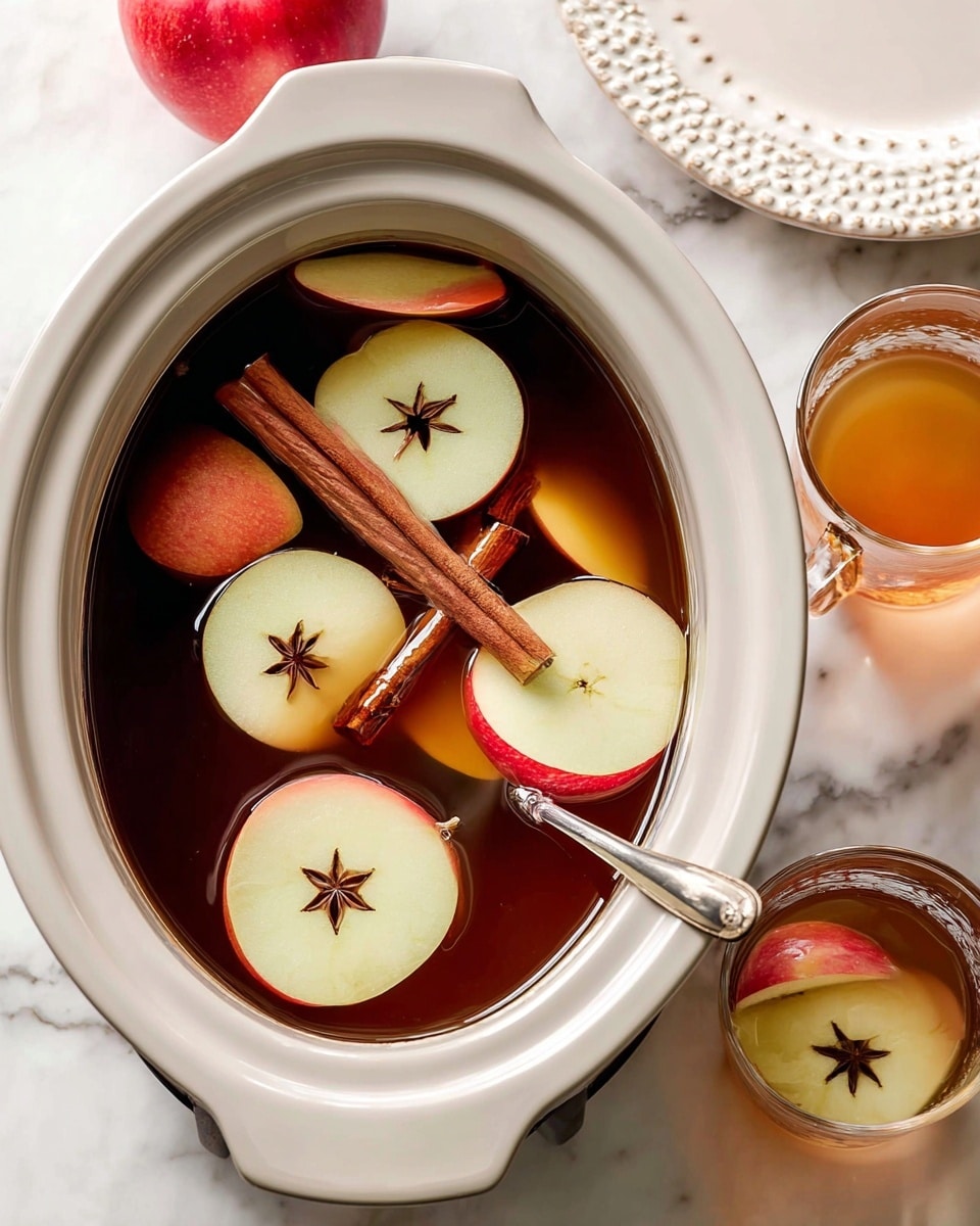 A clear glass mug filled with light brown apple cider sits on a white saucer with dotted decorations. Inside the cider, there are two thin apple slices, light yellow with red edges, floating on top. Two brown cinnamon sticks stand upright in the cider, while a single cinnamon stick lies on the saucer next to the mug. In the background, another identical mug filled with cider is visible, as well as a whole red apple and a half apple with green-red skin sitting on a white marbled surface. The photo taken with an iphone --ar 4:5 --v 7