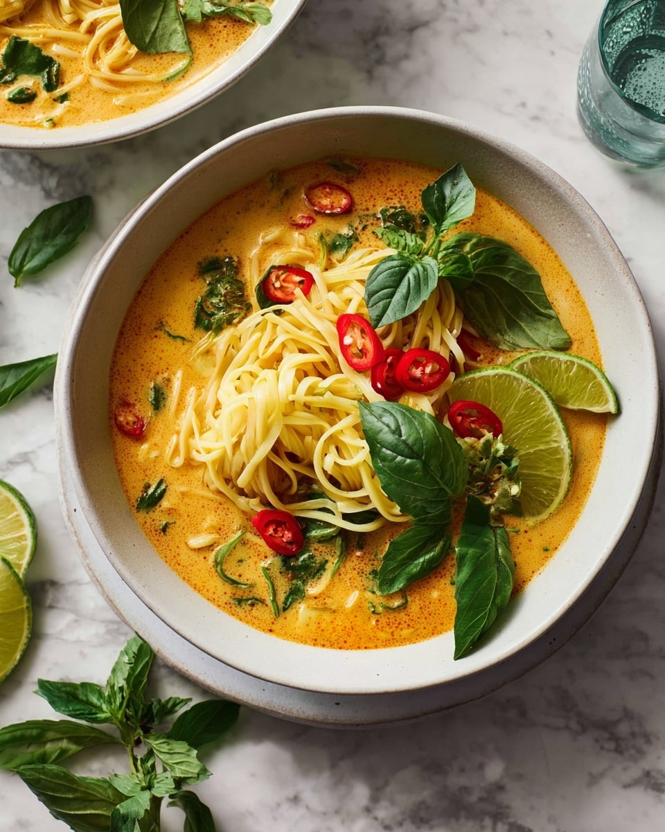 A white bowl holds a rich, golden-yellow soup with a smooth creamy texture, filled with thin white noodles arranged in a loose coil near the center. On top, bright red sliced chili peppers form a small cluster on one side, accompanied by fresh green herbs like cilantro and basil scattered evenly across the bowl. A wedge of lime with a light green color floats near the edge, while slender green strips add height and texture. A long silver spoon rests inside the bowl, and the bowl sits on a white marbled surface with a green cloth nearby. Photo taken with an iphone --ar 4:5 --v 7