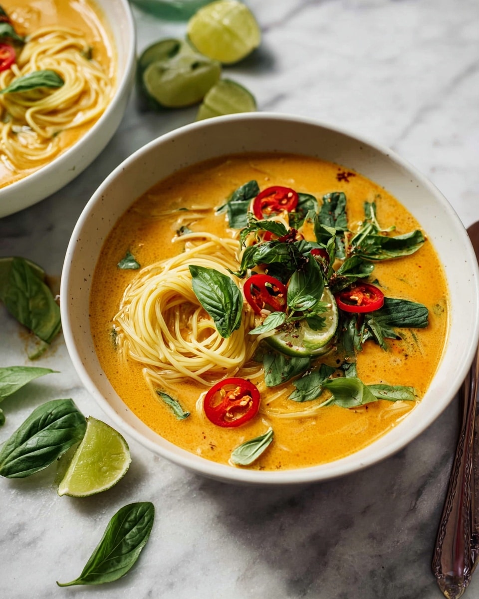 Two white bowls sit on a white marbled surface, each filled with a golden-orange creamy soup. In the center of each bowl, there is a neat nest of light yellow noodles. Bright green fresh herbs, including basil and cilantro leaves, are scattered on top. Thin red chili slices add a pop of color, along with small lime wedges resting in the soup. A long silver spoon lies inside each bowl, the handles extending out over the edge. Around the bowls, there are lime wedges, green leaves, two clear glasses with bubbles, and a folded green cloth. The photo taken with an iphone --ar 4:5 --v 7