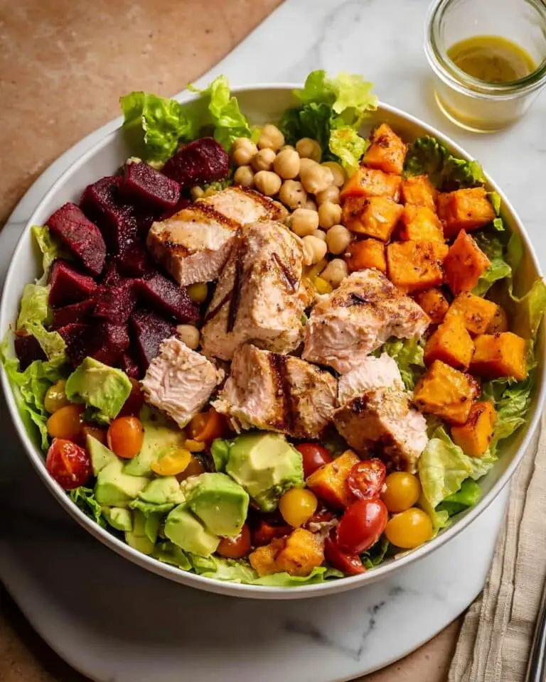 California Cobb Salad with Roasted Sweet Potatoes, Grilled Salmon, and Mustard Herb Vinaigrette Recipe
