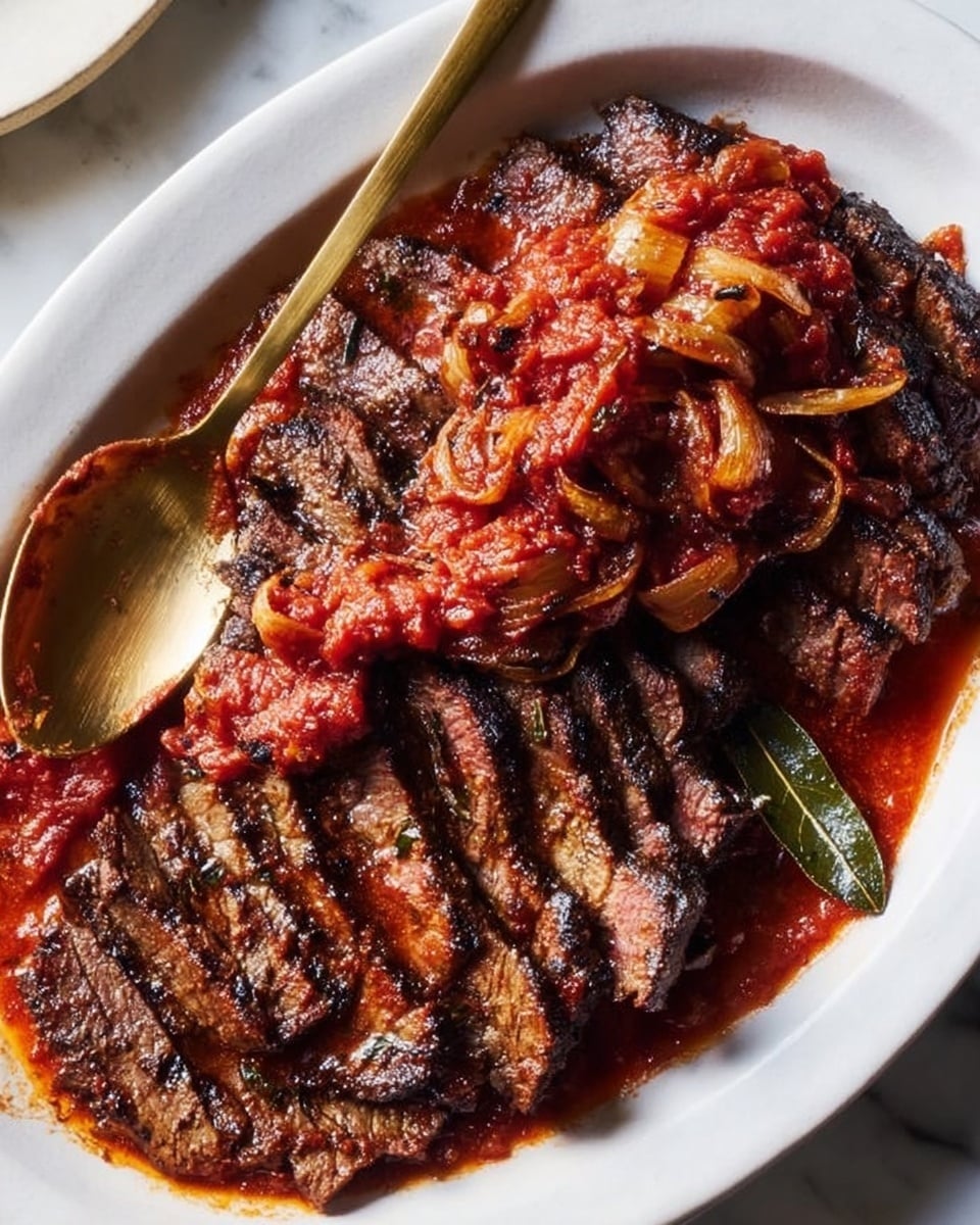 The image shows a close-up of several thick slices of cooked beef brisket arranged side by side on a white marbled surface. The brisket has a rich brown color with a slightly charred, textured crust on the top, showing deep grill marks and a tender, juicy inside with visible fibers. Around the meat, there are soft caramelized onions, light brown with a glossy texture, some pieces curling around the meat edges. A bay leaf is also visible on the right side, partially covered by the onions and meat, adding a touch of green to the earthy brown tones. Photo taken with an iphone --ar 4:5 --v 7