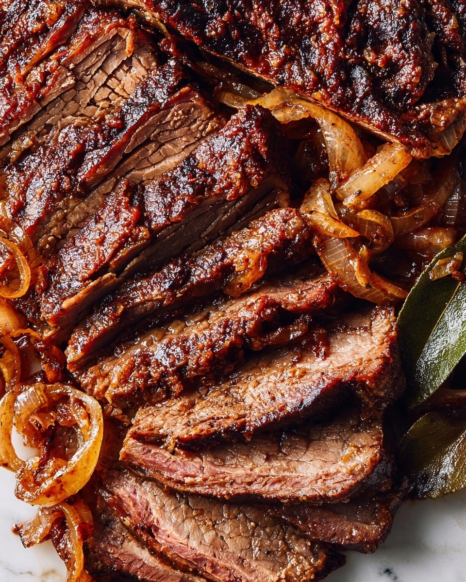 A white plate holds several layers of sliced meat with a dark brown crust and visible char marks, arranged in overlapping rows from left to right. The top right section of the plate has a thick rich red-brown sauce with soft cooked onions and a few bay leaves resting on the sauce. The meat appears tender with a slightly rough texture on the edges and a juicy inside. A vintage-looking fork with a cream-colored handle lies on the left side of the plate, slightly resting on the meat. In the top left corner, a white bowl filled with small red-skinned roasted potatoes cut in half is partially visible. The whole setup is placed on a white marbled surface. photo taken with an iphone --ar 4:5 --v 7