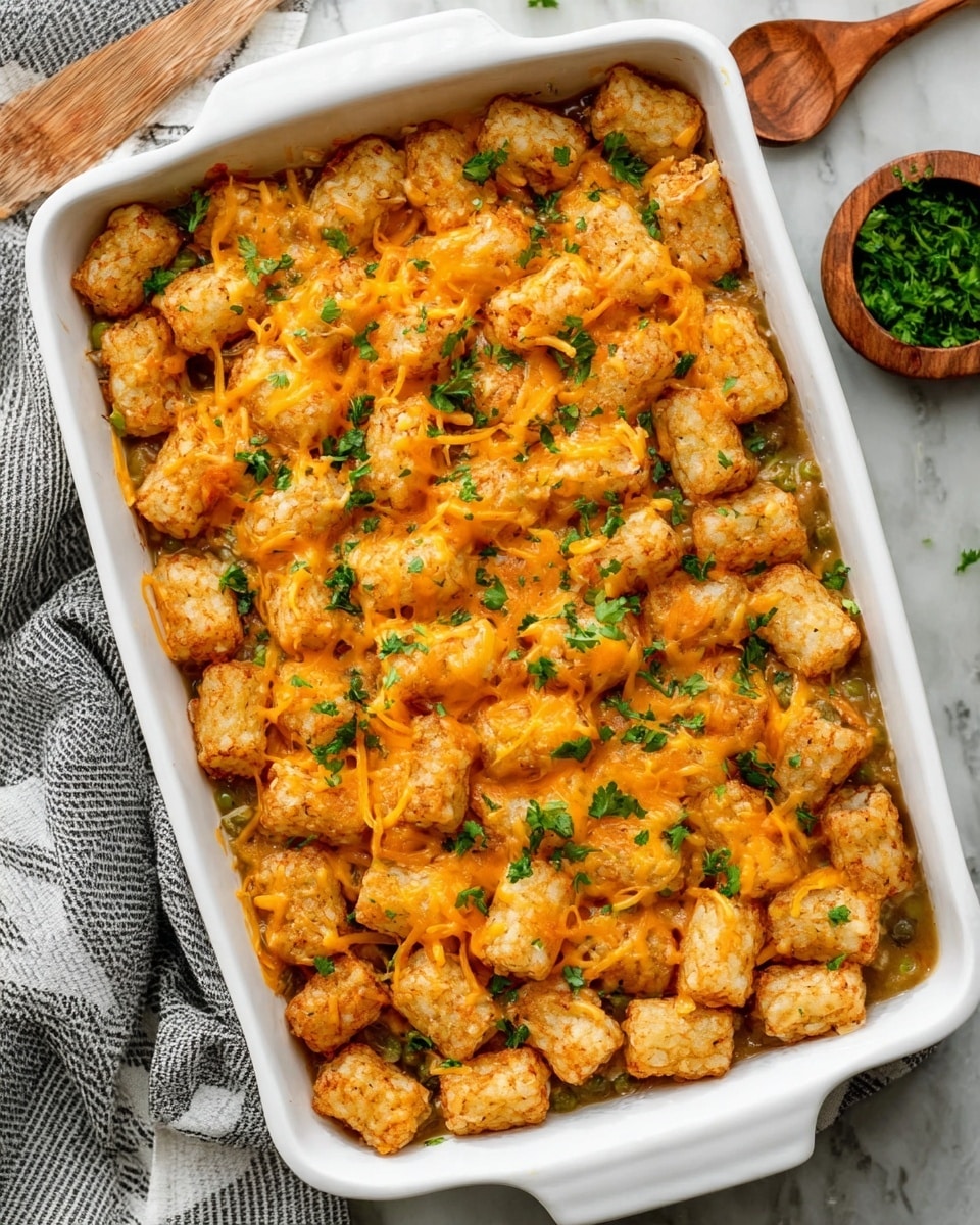 The dish is shown inside a white baking dish with a white marbled texture surface around it. The bottom layer consists of a colorful mix of cooked vegetables including green peas, orange carrot cubes, yellow corn, and green beans, along with ground meat and lentils that create a rich, slightly glossy base. Above that, there is a layer of golden-brown, crispy potato pieces arranged closely together. On top of the potatoes, melted orange cheese is draped unevenly, adding a smooth, shiny texture. Small green herb leaves are scattered lightly over the cheese, adding a fresh touch. photo taken with an iphone --ar 4:5 --v 7