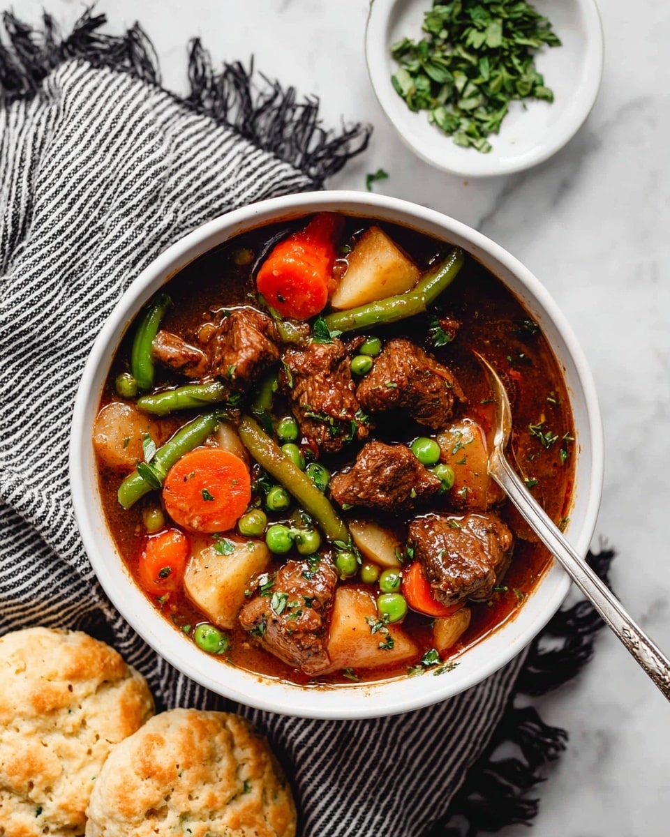 A white bowl filled with a rich beef stew showing multiple layers including tender brown beef chunks, bright orange carrot slices, light tan potato pieces, green peas, and green beans all mixed in a dark brown savory broth with visible herbs sprinkled on top. A silver spoon rests inside the bowl, its handle extending out over a black and white striped cloth with fringe that is placed beneath the bowl. Next to the bowl, there are two golden brown biscuits with a slightly rough texture on a white marbled surface, along with a small white bowl containing fresh green herbs nearby. Photo taken with an iphone --ar 4:5 --v 7
