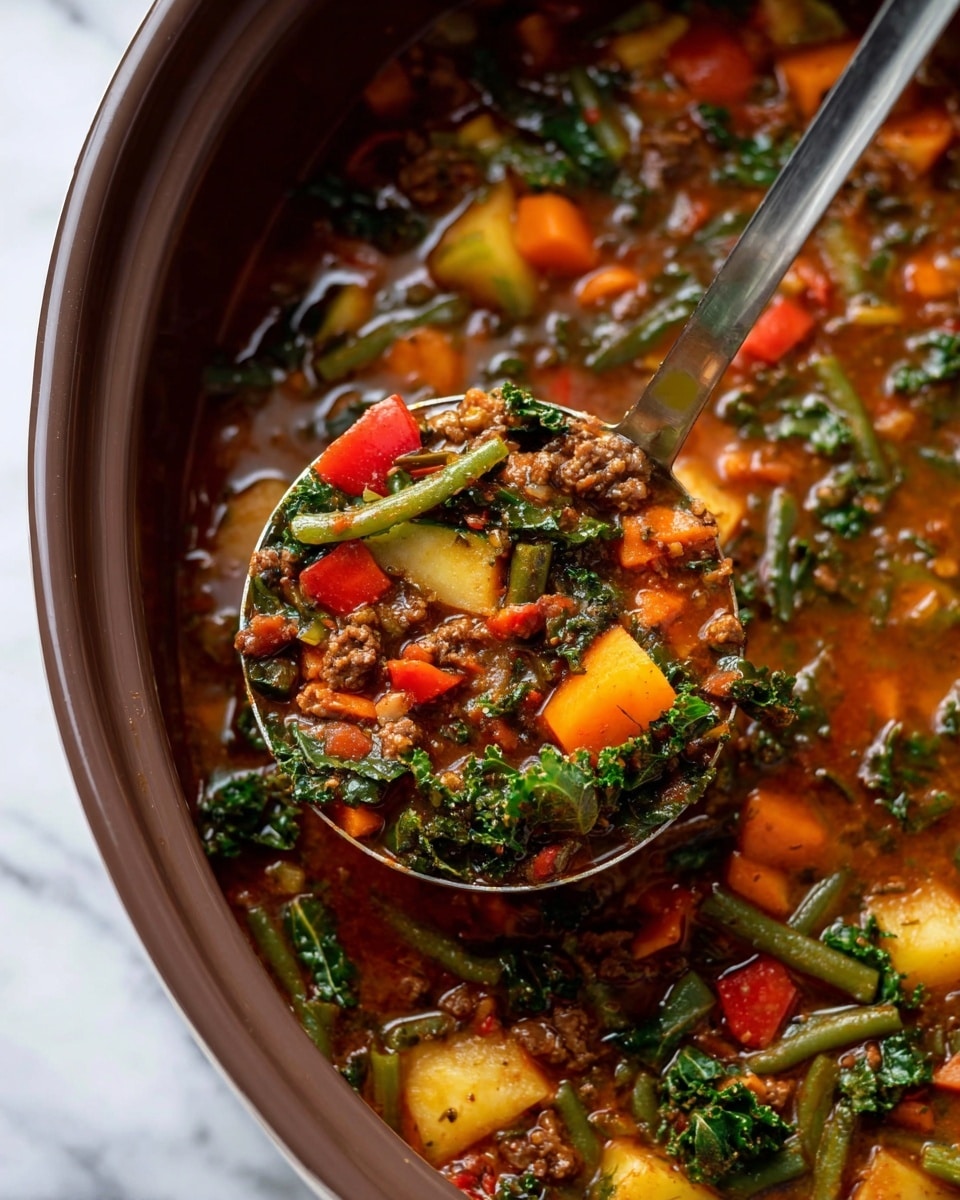 A white bowl with a scalloped edge is filled with a thick vegetable soup, showing at least four layers: a reddish-brown broth as the base, chunks of yellow potatoes and orange carrots scattered brightly throughout, green beans and leafy greens adding fresh green touches, and small pieces of browned ground meat mixed evenly across the top. The soup looks seasoned with black pepper and topped with chopped green herbs. The bowl sits on a white marbled surface with a small part of another bowl of the same soup visible in the upper left corner, photo taken with an iphone --ar 4:5 --v 7
