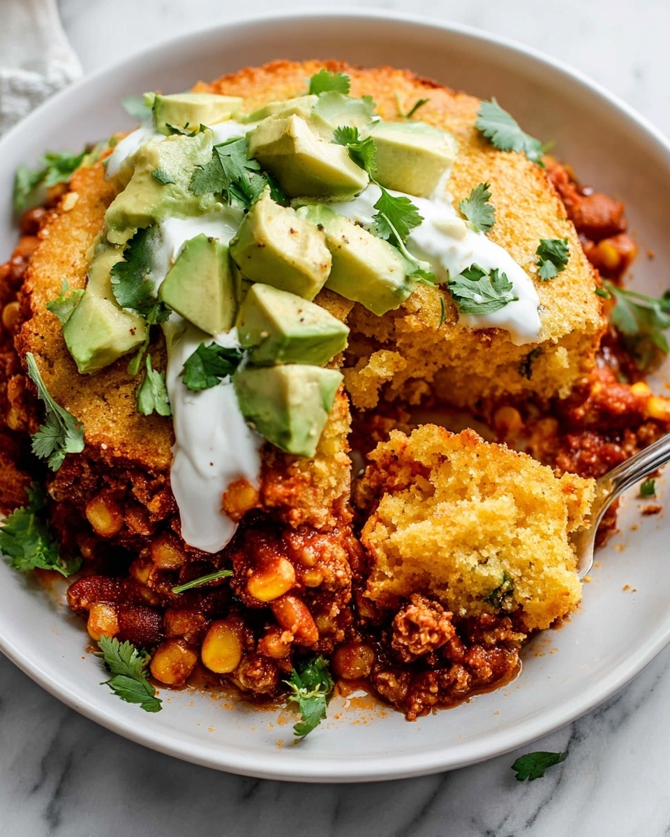 The image shows a close-up of a layered dish in a white plate on a white marbled surface. The bottom layer is a chunky, reddish-brown mix of ground meat, beans, corn, and tomato sauce giving a textured and hearty base. On top is a golden, crumbly cornbread layer, soft and moist in the middle as a piece has been taken out with a silver spoon. Around the cornbread, dollops of white sour cream sit on the mix, smooth and creamy. Scattered across the surface are fresh green avocado chunks and bright cilantro leaves, adding a fresh and vibrant touch. The photo is warm and vivid, showing detailed textures and colors. photo taken with an iphone --ar 4:5 --v 7