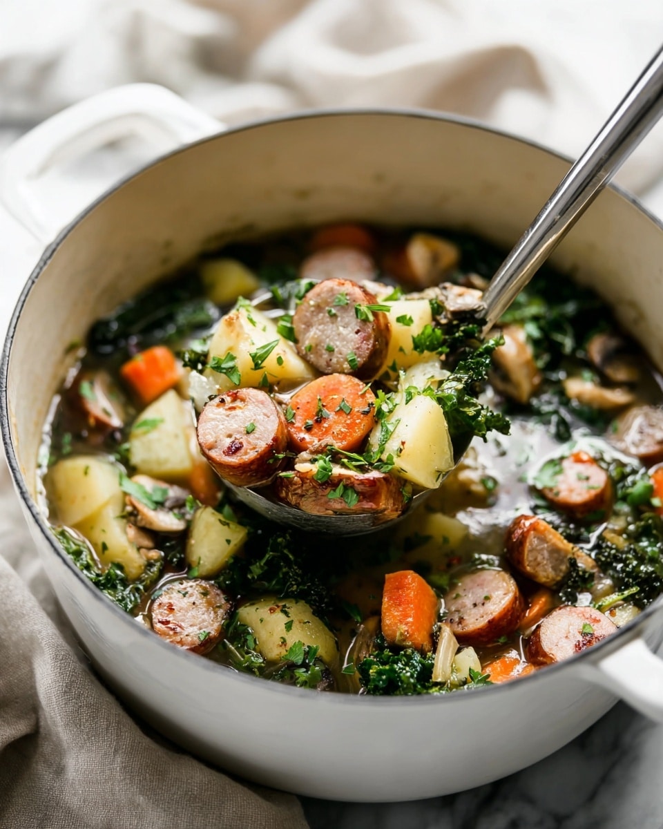 A white pot filled with a soup showing many thick slices of light brown sausage on top, mixed with bright orange carrot slices, light yellow potato chunks, dark green kale, and light brown mushroom slices in a clear broth. A metal ladle lifts a portion of the soup above the pot, highlighting the mix of colorful vegetables and sausage with fresh green herbs sprinkled on top. The background features a white marbled surface with a soft, blurred beige cloth near the pot. Photo taken with an iphone --ar 4:5 --v 7