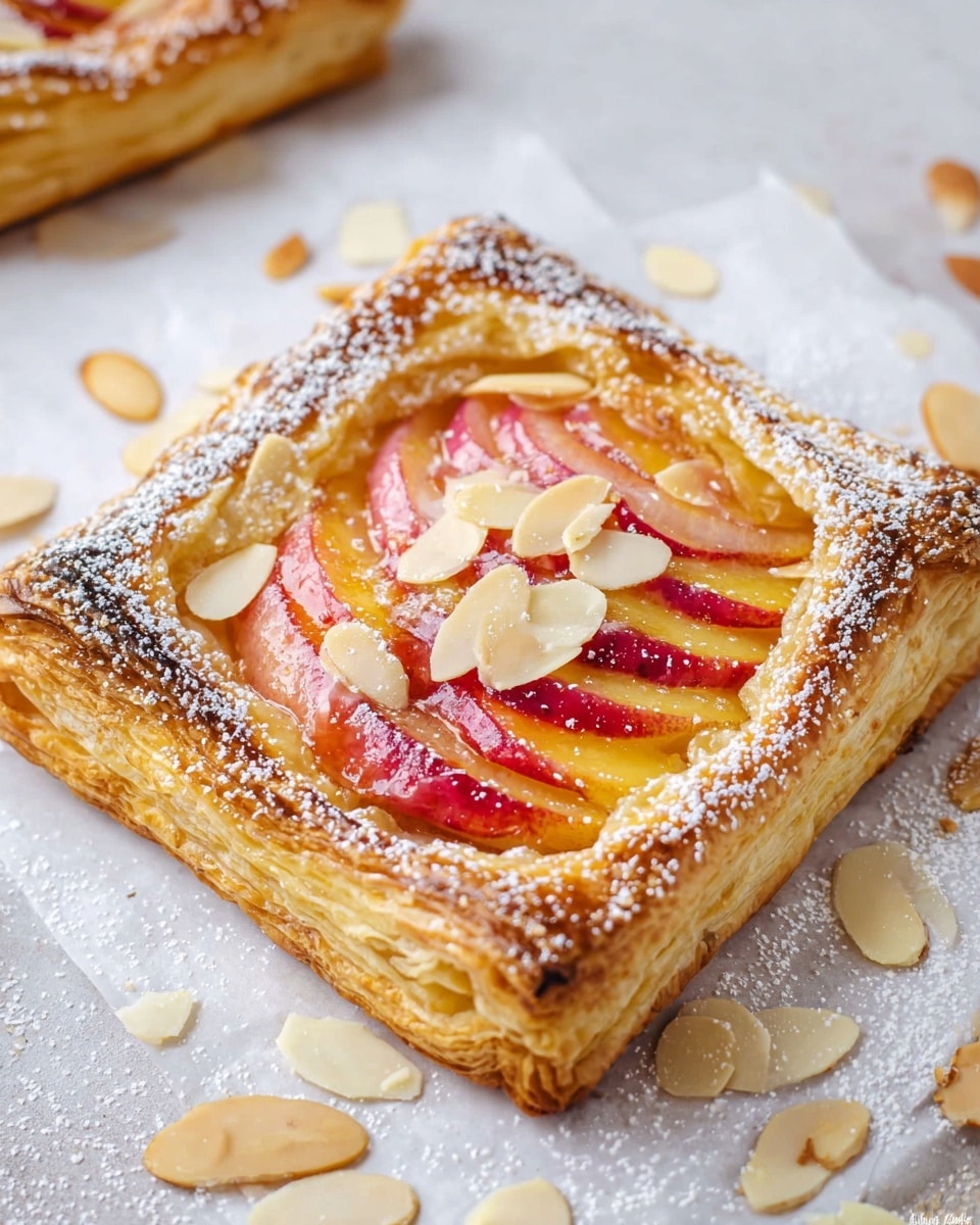 A square, golden brown puff pastry with four thick, flaky layers forms the base, slightly puffed at the edges. The center is filled with thin, overlapping slices of pink and yellow fruit, arranged in a neat row. A glossy, red fruit glaze is spread over the fruit slices, giving a shiny texture. Thin, light beige almond slices are scattered on top, adding a delicate crunch. The pastry is dusted lightly with white powdered sugar. It rests on white marbled parchment, with more almond slices scattered around. photo taken with an iphone --ar 4:5 --v 7