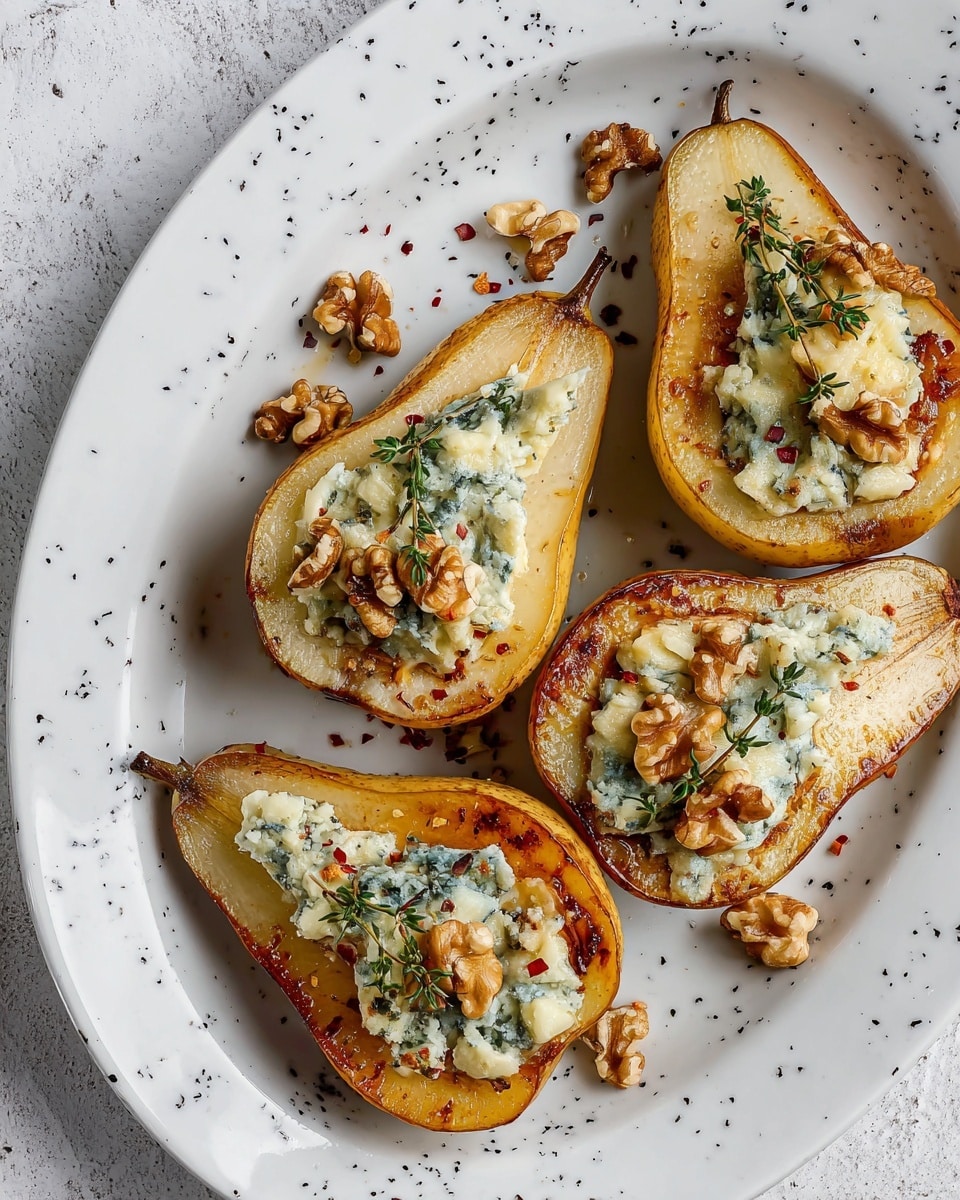 The image shows four pear halves placed on a large white plate with small black specks decoration. Each pear half has a golden-brown roasted outer edge and a soft, light yellow inner flesh. On top of the pear halves, there is a layer of melted blue cheese with a creamy texture and blue-green veins. Small pieces of chopped walnuts are scattered over the cheese, adding a crunchy texture. Tiny sprigs of fresh green thyme are placed on each pear half. There are also some red pepper flakes sprinkled across the pears and plate, offering a touch of color. The plate is on a white marbled surface. Photo taken with an iphone --ar 4:5 --v 7