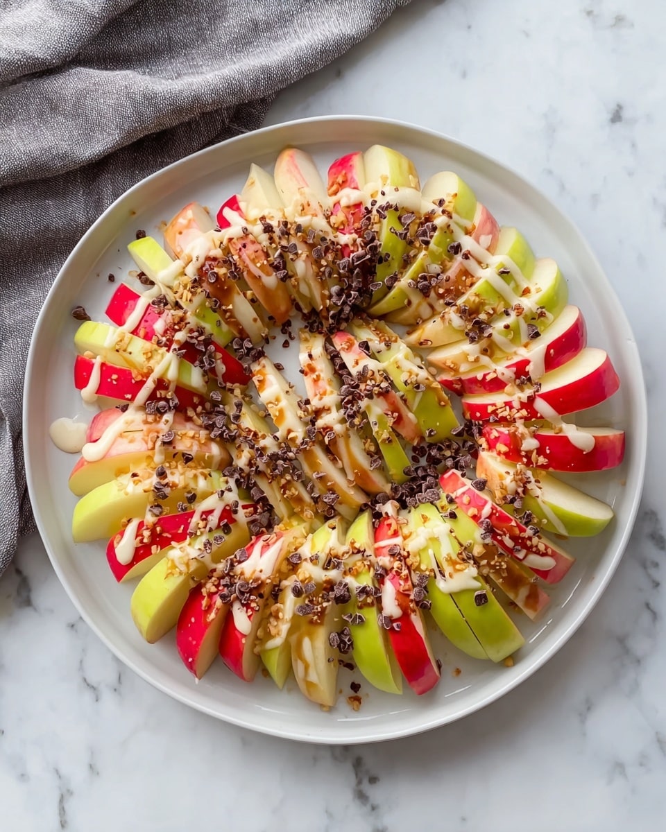 A round white plate holds two layers of apple slices arranged in a circular pattern; the bottom layer alternates red and green apple slices with a shiny, fresh texture, while the top layer is similarly arranged but slightly overlapping the bottom. The apples are drizzled with creamy white sauce and a darker syrup in thin, uneven lines. Sprinkled all over are small brown nut pieces and tiny dark chocolate chips, adding texture and contrast to the red and green apples. The plate rests on a white marbled surface with a gray cloth partially visible on the upper left side. photo taken with an iphone --ar 4:5 --v 7