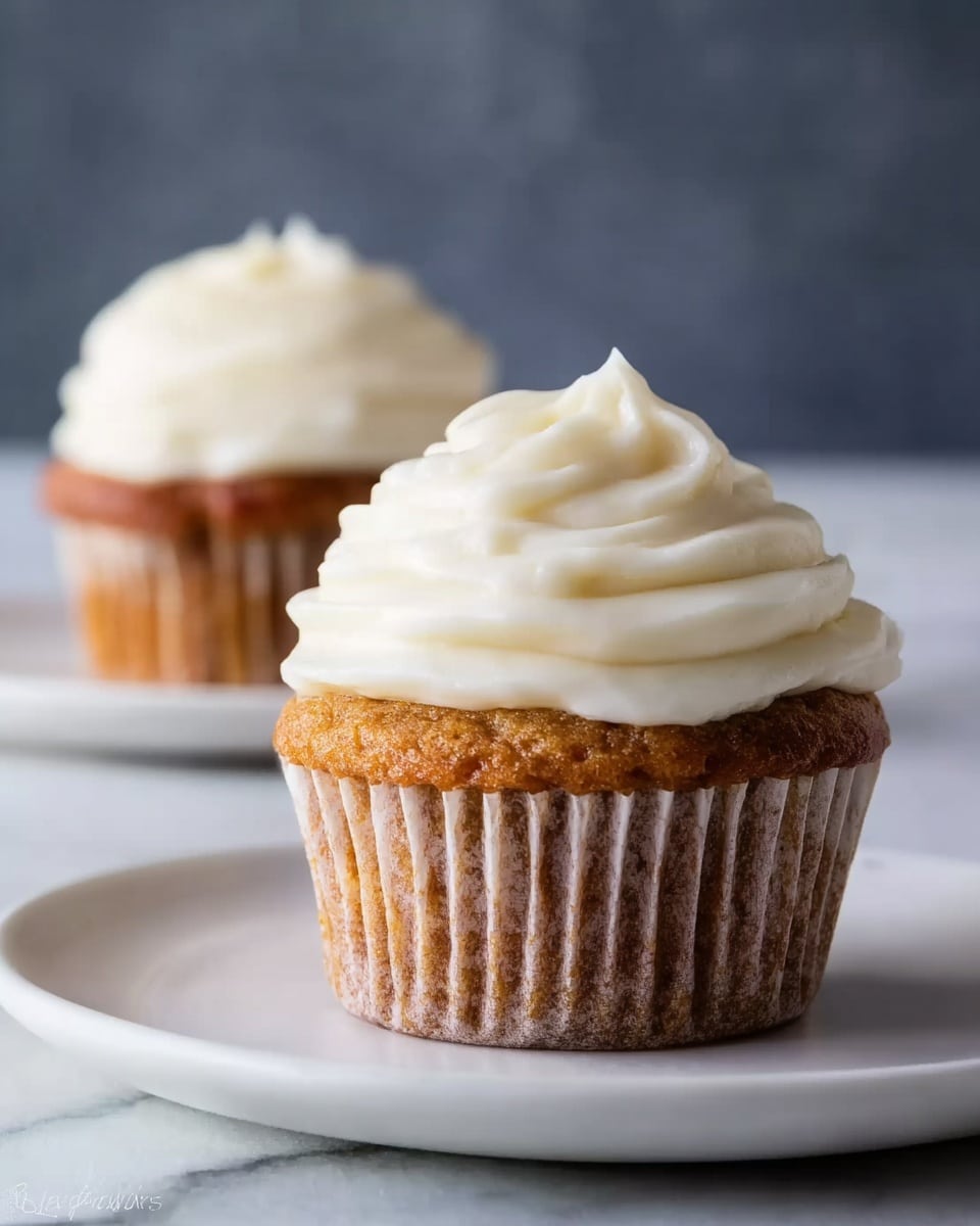 A single cupcake sits on a white plate with a white marbled texture background. The cupcake has one layer of brown cake base with a slightly rough and crumbly texture inside a white paper liner. On top, there is one thick swirl of smooth, creamy ivory frosting, shaped in soft peaks giving it a rich and fluffy appearance. Photo taken with an iphone --ar 4:5 --v 7