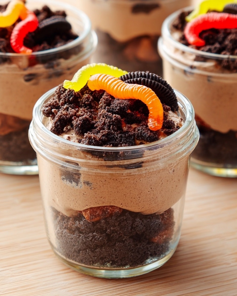 The image shows a small clear glass jar filled with a dessert made of three visible layers. The bottom layer is a thick, light brown creamy mixture. On top of that is a middle layer of dark brown, crumbly cookie pieces that looks dense. The top layer is a lighter brown mousse-like cream with small bits of crushed dark cookie sprinkled on it. Three colorful gummy worms in red, yellow, and orange colors are placed on top, adding a bright contrast. The jar is placed on a light wooden surface with a soft focus on other similar jars behind it. photo taken with an iphone --ar 4:5 --v 7