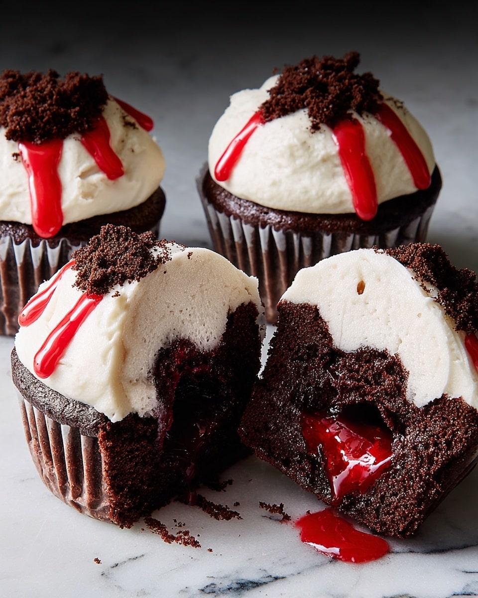 There are nine cupcakes on a white marbled surface, each decorated to look like a vampire face. Each cupcake has three layers visible: a dark brown cake base, a thick white frosting layer on top forming the face, and finely crushed dark brown crumbs covering the upper half of the frosting to form the hair. Red syrup is dripped in two small streaks down the front of the frosting on each cupcake to look like vampire fangs with blood. Two cupcakes are cut in half, showing a dark red filling inside the dark brown cake layer. Photo taken with an iphone --ar 4:5 --v 7