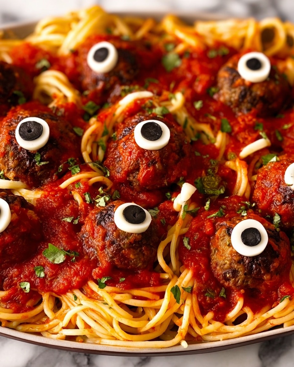 The dish shows a layer of bright red tomato sauce with spiral-shaped spaghetti noodles mixed in, creating a textured red and light beige base. On top are several round meatballs, each topped with a black olive and a small white circle of cheese, making them look like eyes. Small green herb pieces are sprinkled over the whole dish, adding a touch of freshness and color contrast. The food is presented on a white marbled surface. photo taken with an iphone --ar 4:5 --v 7
