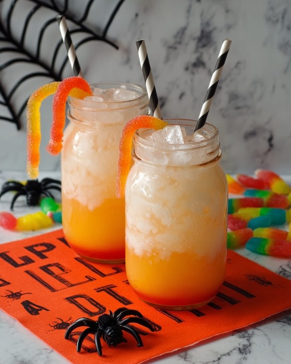 Two glass jars filled with a layered drink are shown on an orange napkin with black Halloween text. Each jar has three layers: the bottom layer is white and creamy, the middle layer is a soft orange, and the top layer is filled with clear ice cubes. Two black and white striped straws stand upright in each jar. A gummy orange worm candy is draped over the jars' rims. The background includes fake black spiders and colorful gummy worms on a white marbled surface. photo taken with an iphone --ar 4:5 --v 7