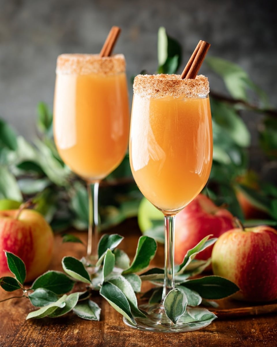 Two large clear glasses filled with a light brown drink, with thick sugar rims around the tops, each glass topped with a whole cinnamon stick resting across the opening. The drink has a smooth, slightly frothy texture on the surface. The glasses are placed on a white marbled surface, surrounded by green leaves and one whole apple with red and green skin in the bottom left area of the image. A woman's hand can be seen slightly holding one glass. The background includes a soft gray cloth and some blurred greenery. photo taken with an iphone --ar 4:5 --v 7